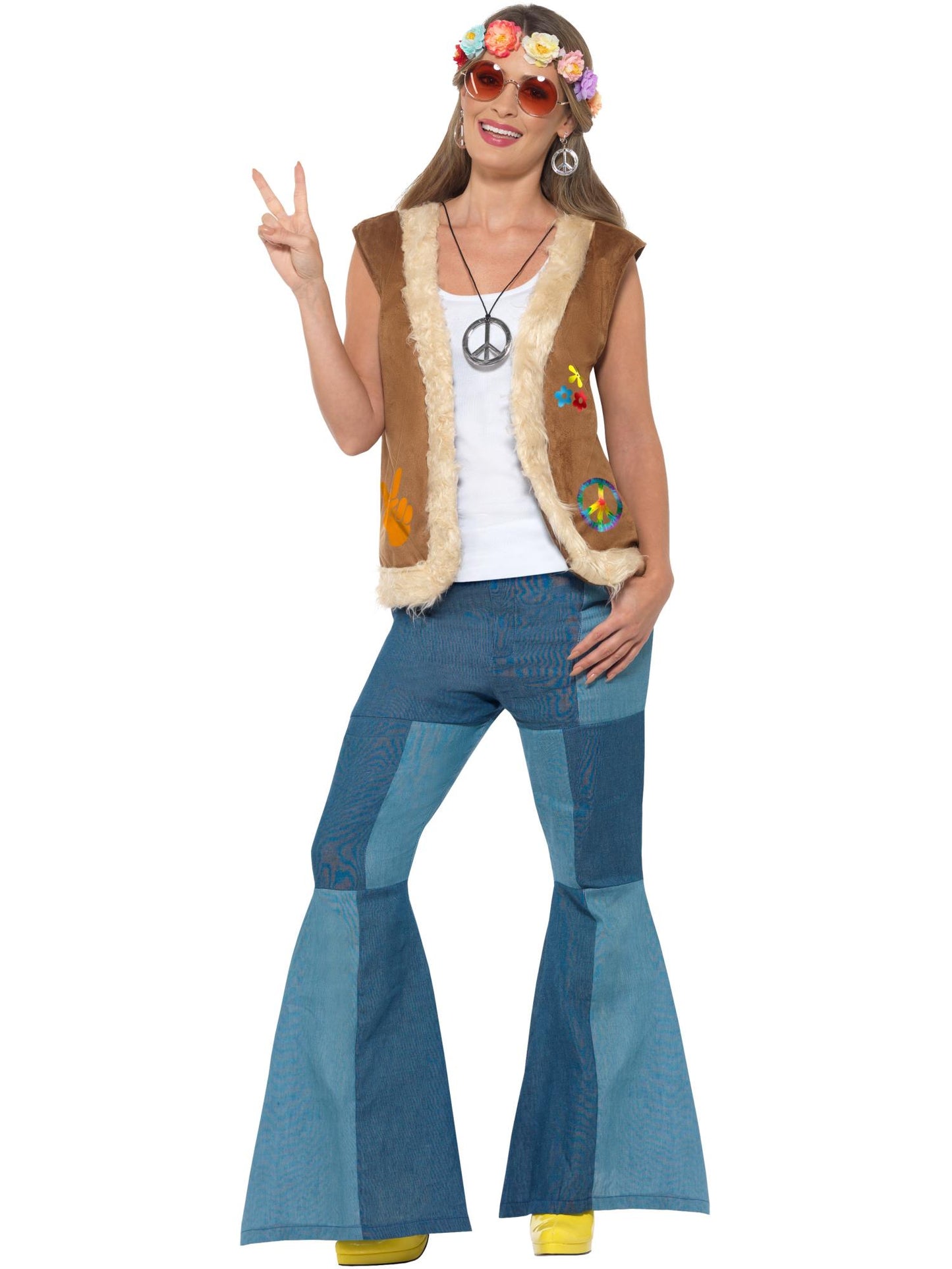 Hippie-Weste, Unisex, Braun, mit CND-Aufdruck & Pelzbesatz