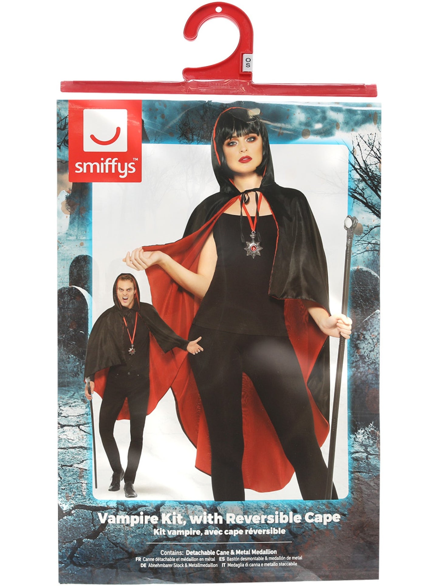 Vampir-Set, mit wendbarem Umhang, Schwarz, Abnehmbarer Stock & Metallmedaillon