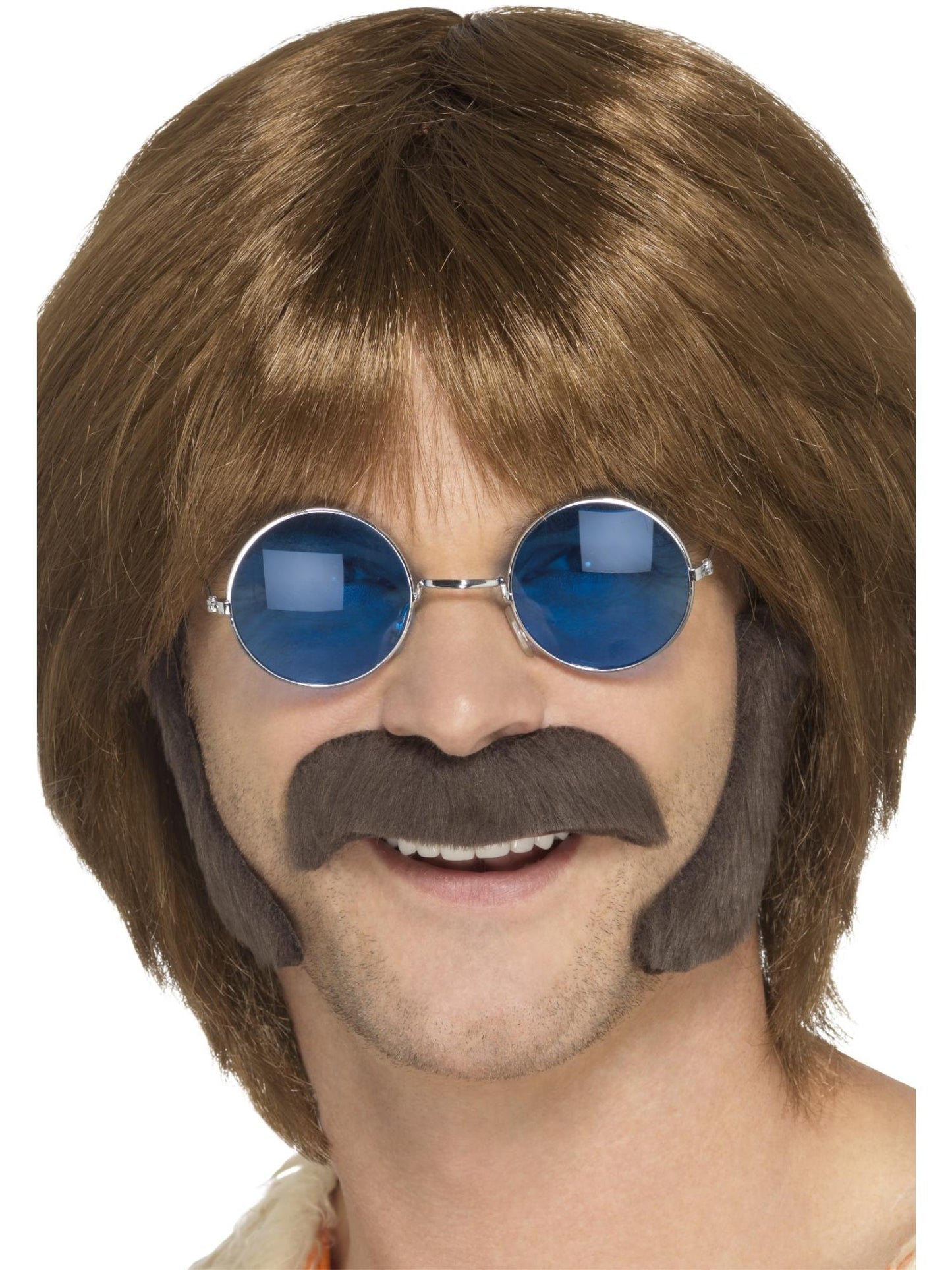 Hippie-Verkleidungsset, Braun, mit Koteletten und Schnurrbart, Selbstklebend