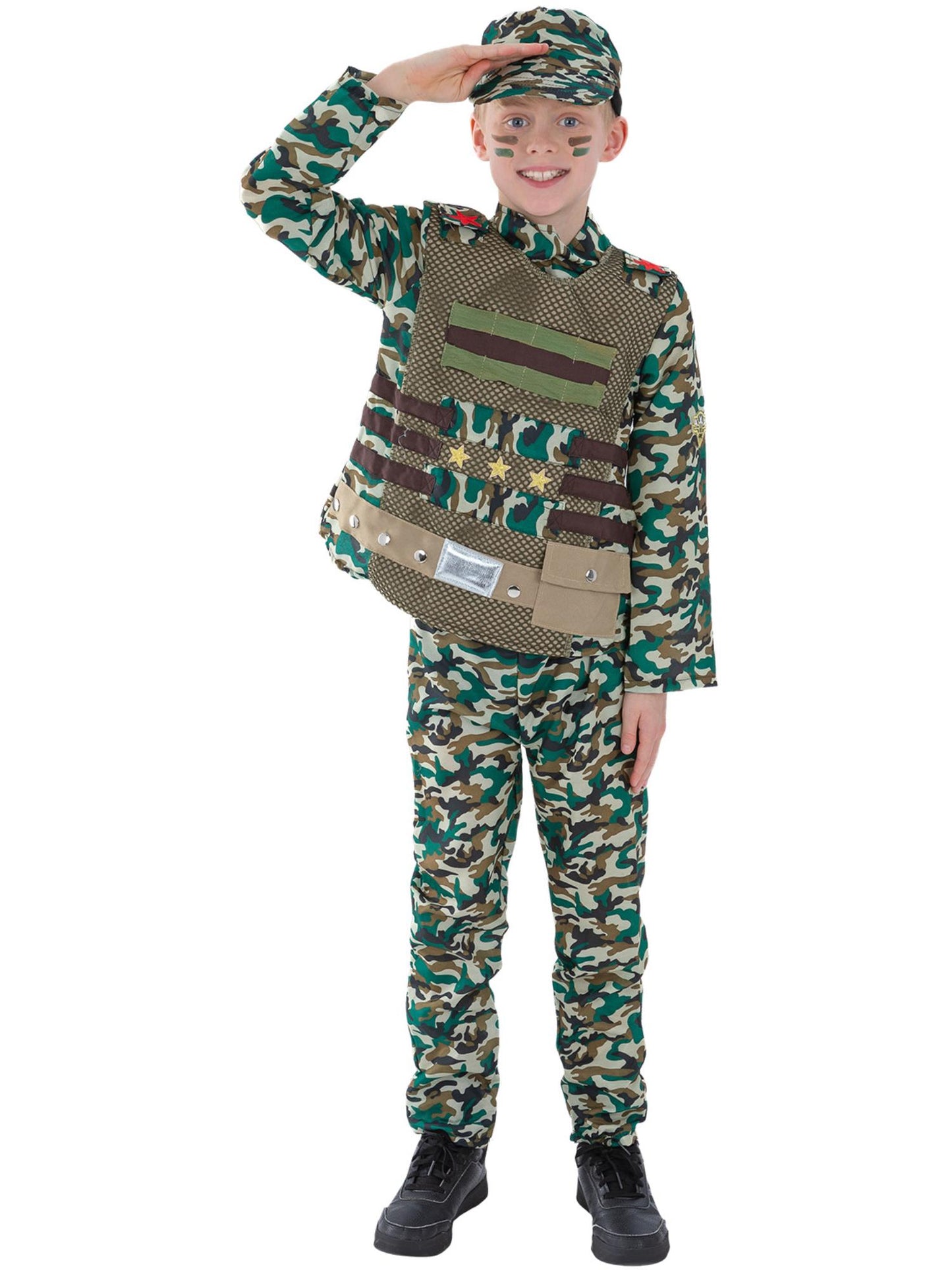 Camouflage-Militärjungenkostüm, Grün, mit Oberteil, Hose und Hut