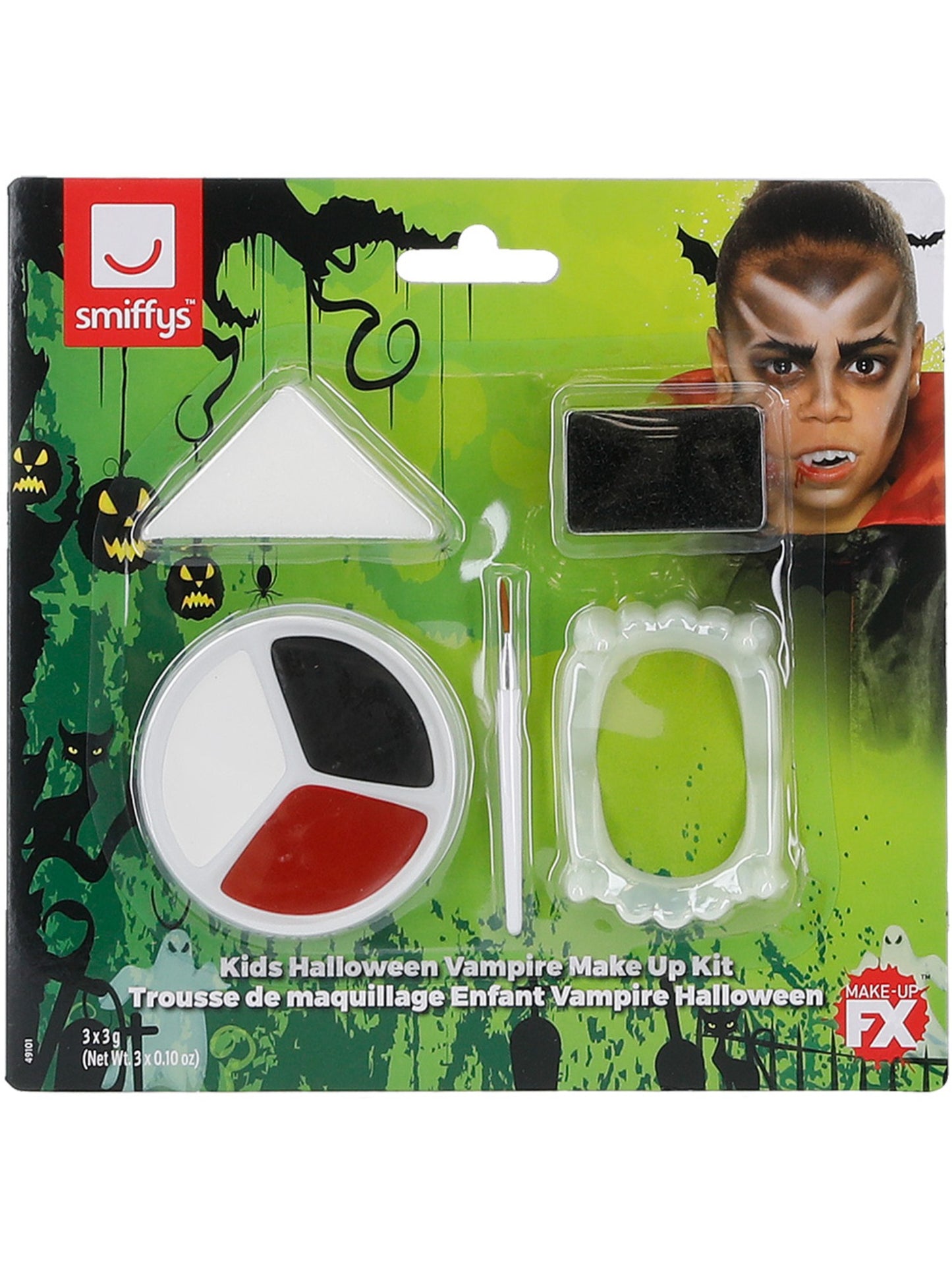 Kinder-Halloween-Vampir-Schminkset, Aqua, Mehrfarbig, 3 Farben, Zähne, Tupfschwamm, Schwamm & Pinsel