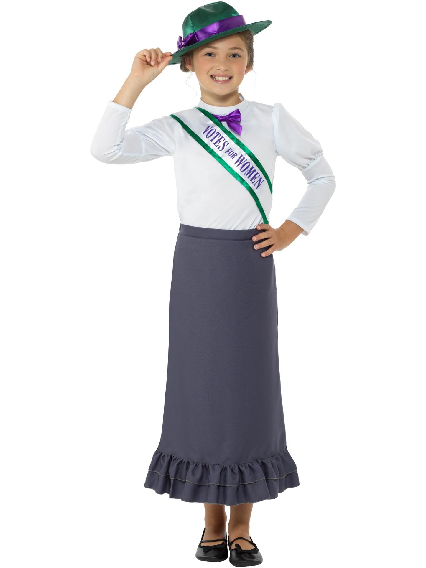 Déguisement du suffragette victorienne, Gris et rose clair, Avec la robe, le chemisier attaché, l'écharpe et le chapeau