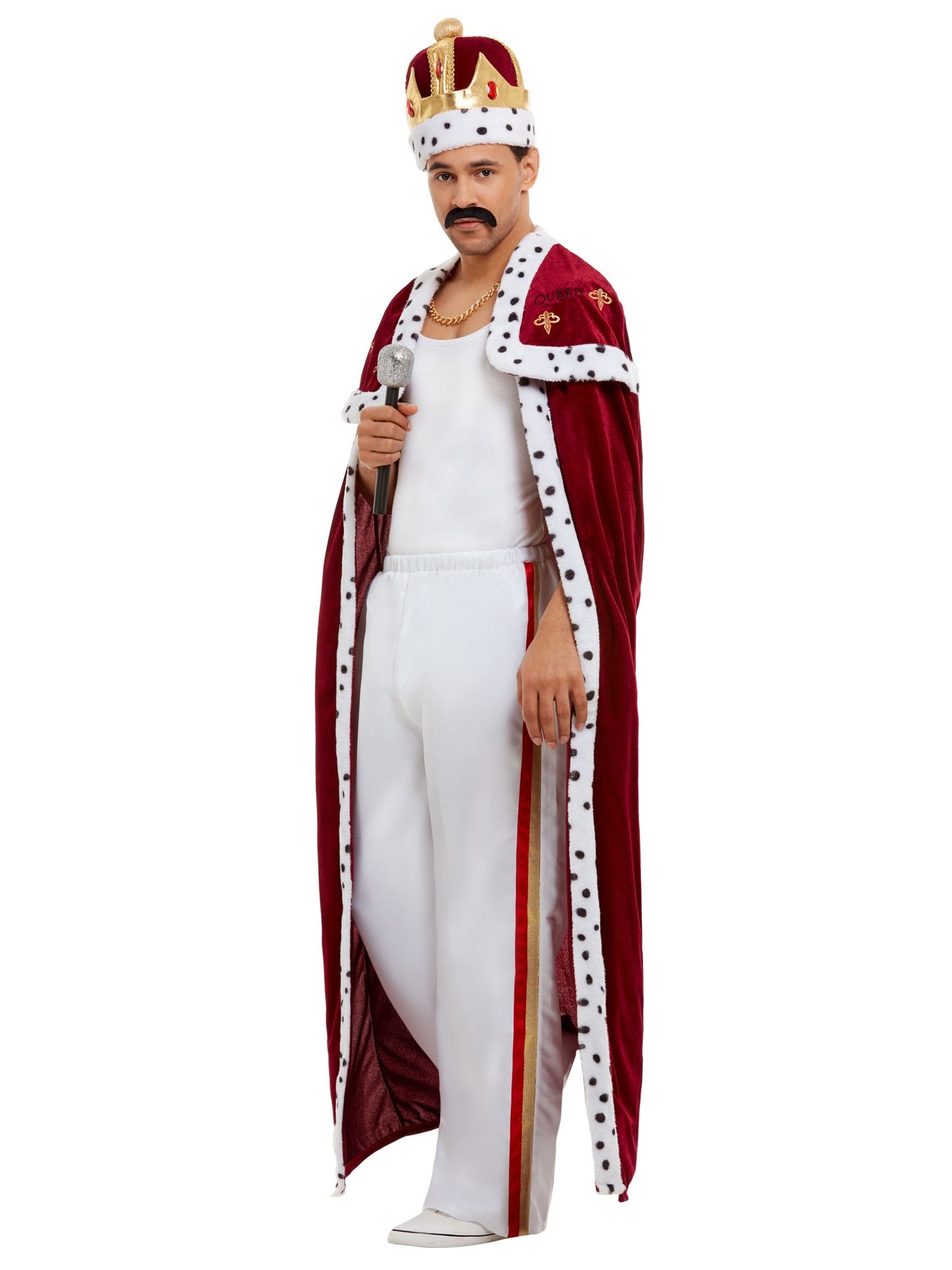 Déguisement deluxe Queen royal, Rouge, avec robe, pantalon, couronne et moustache