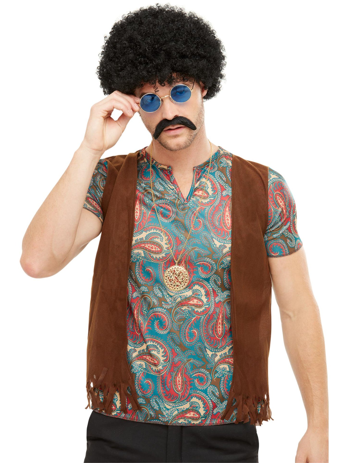 Kit hippie, Multicolore, avec perruque, lunettes, moustache et collier