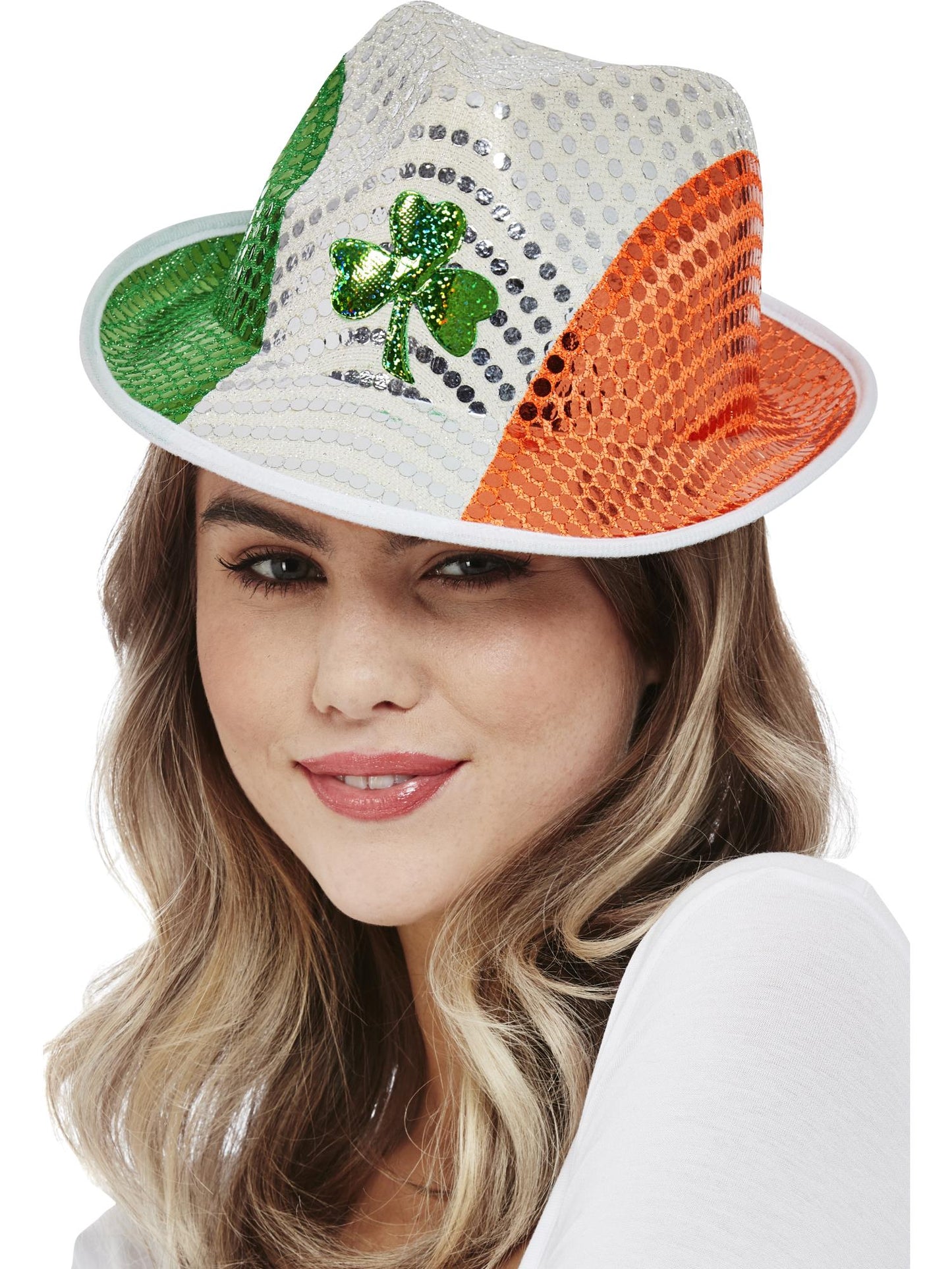 Sombrero del Día de San Patricio de lentejuelas con la bandera de Irlanda, Motivo de trébol
