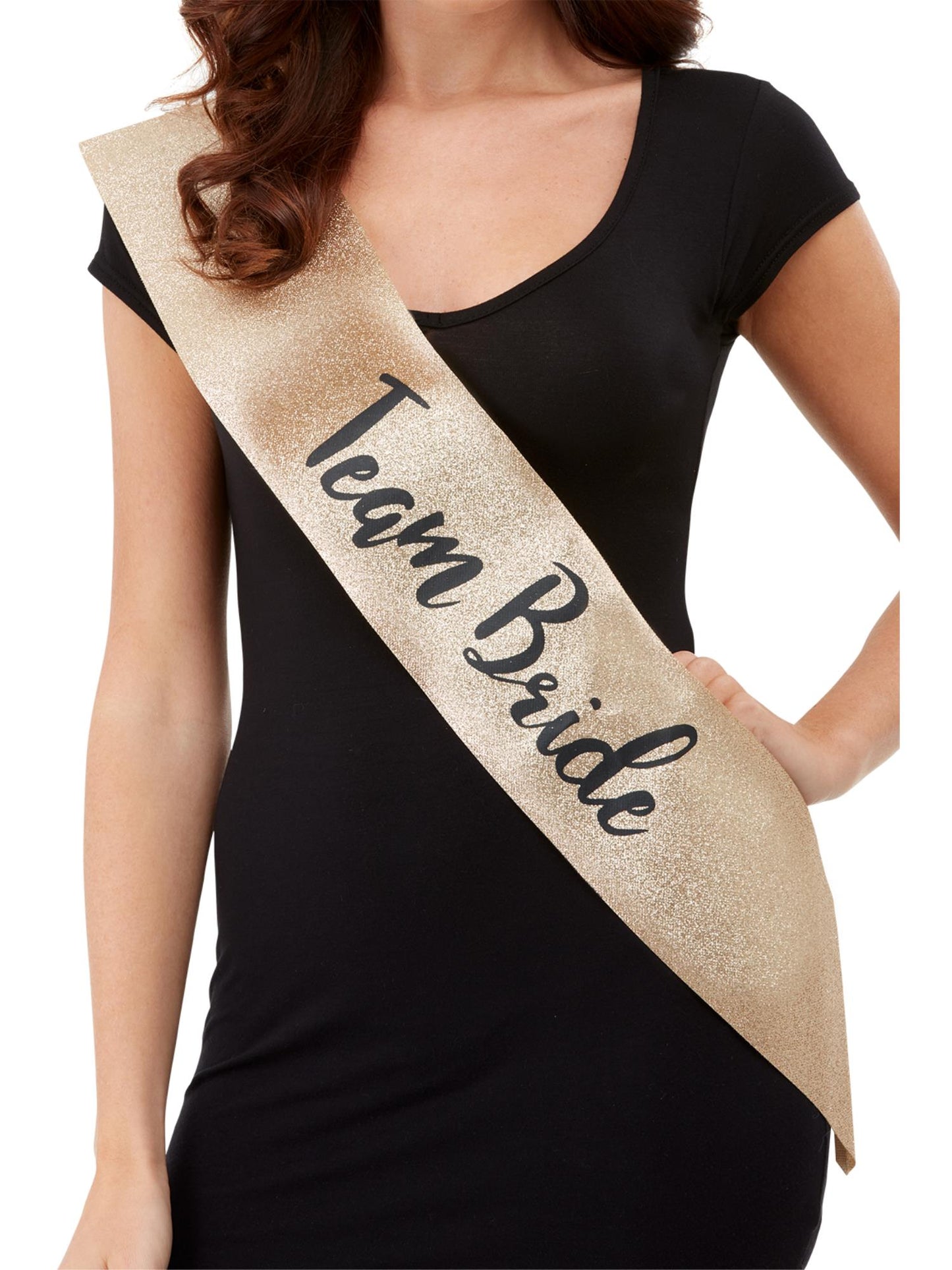 Deluxe Glitter Team Bride Sash, Gold & Black Wholesale