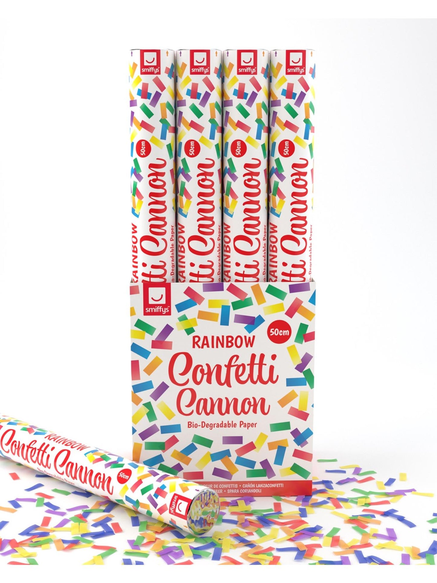 Tirador de confeti para fiestas multicolor en colores arcoíris de 50 cm, Pak de 12 unidades con papel biodegradable