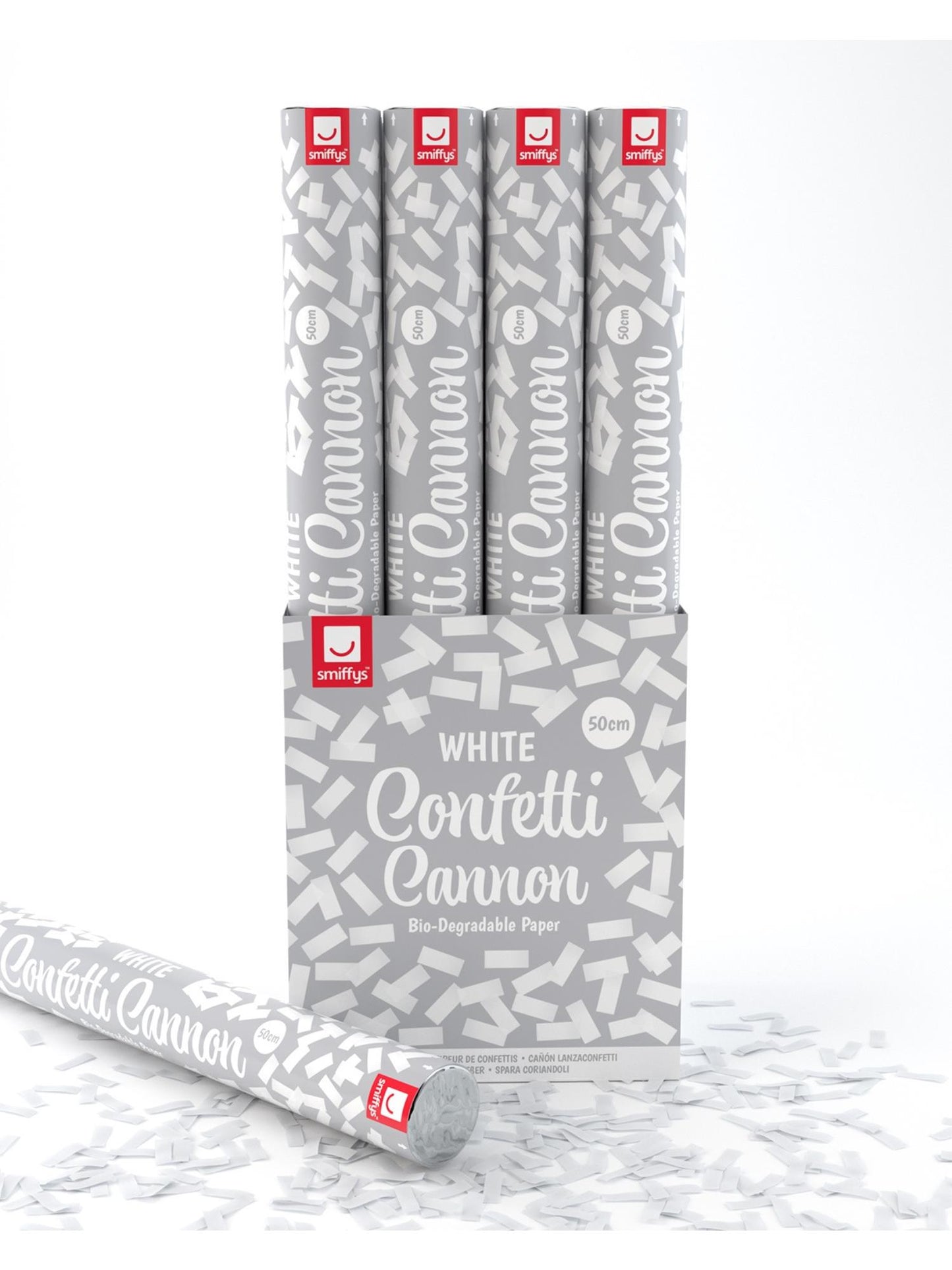 Tirador de confeti blanco de 50 cm, Pak de 12 unidades con papel biodegradable