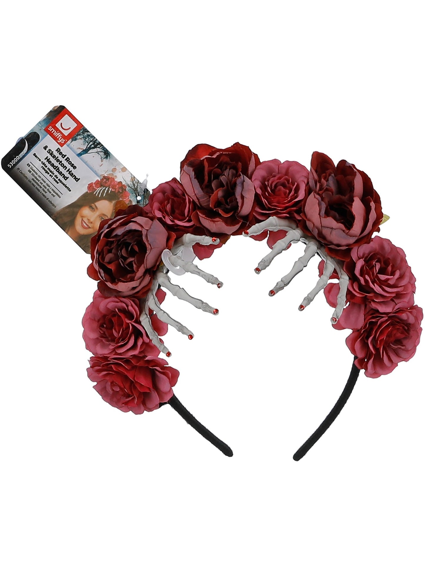 Stirnband mit roter Rose und skelettierter Hand