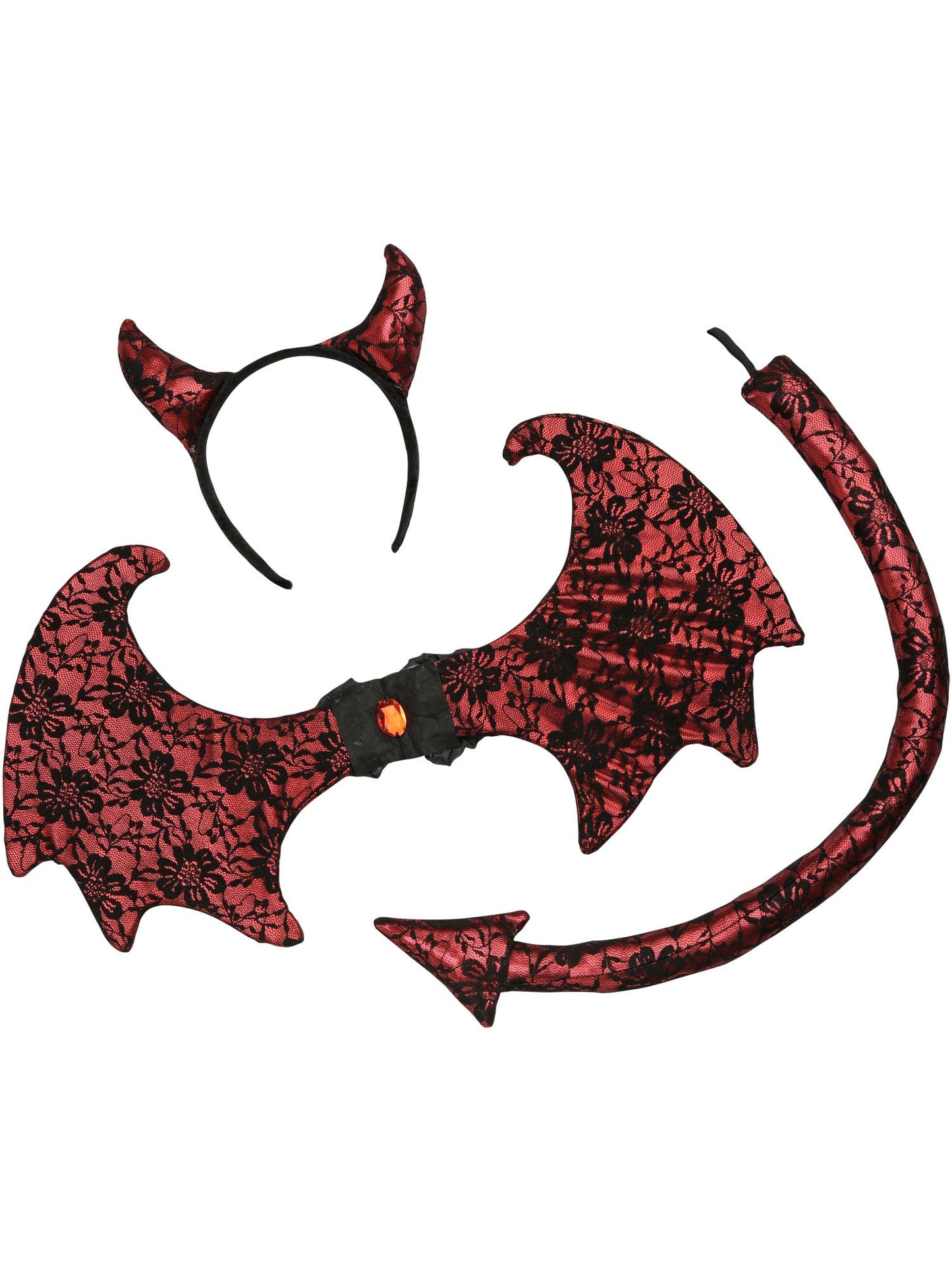Kit démon en dentelle rétro, noir et rouge, avec serre-tête, ailes et queue