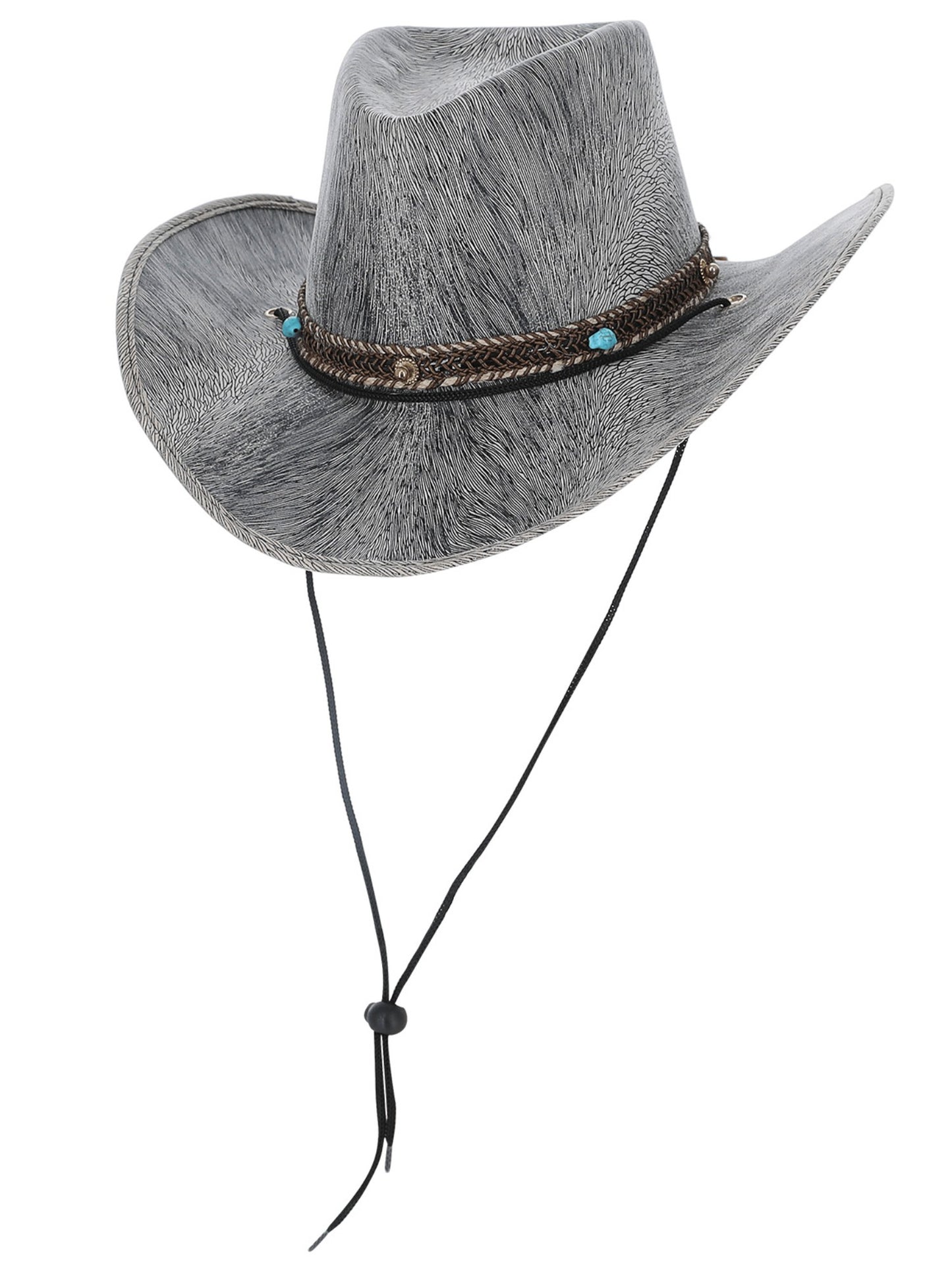 Sombrero de vaquero gris en cuero sintético, con banda de turquesa