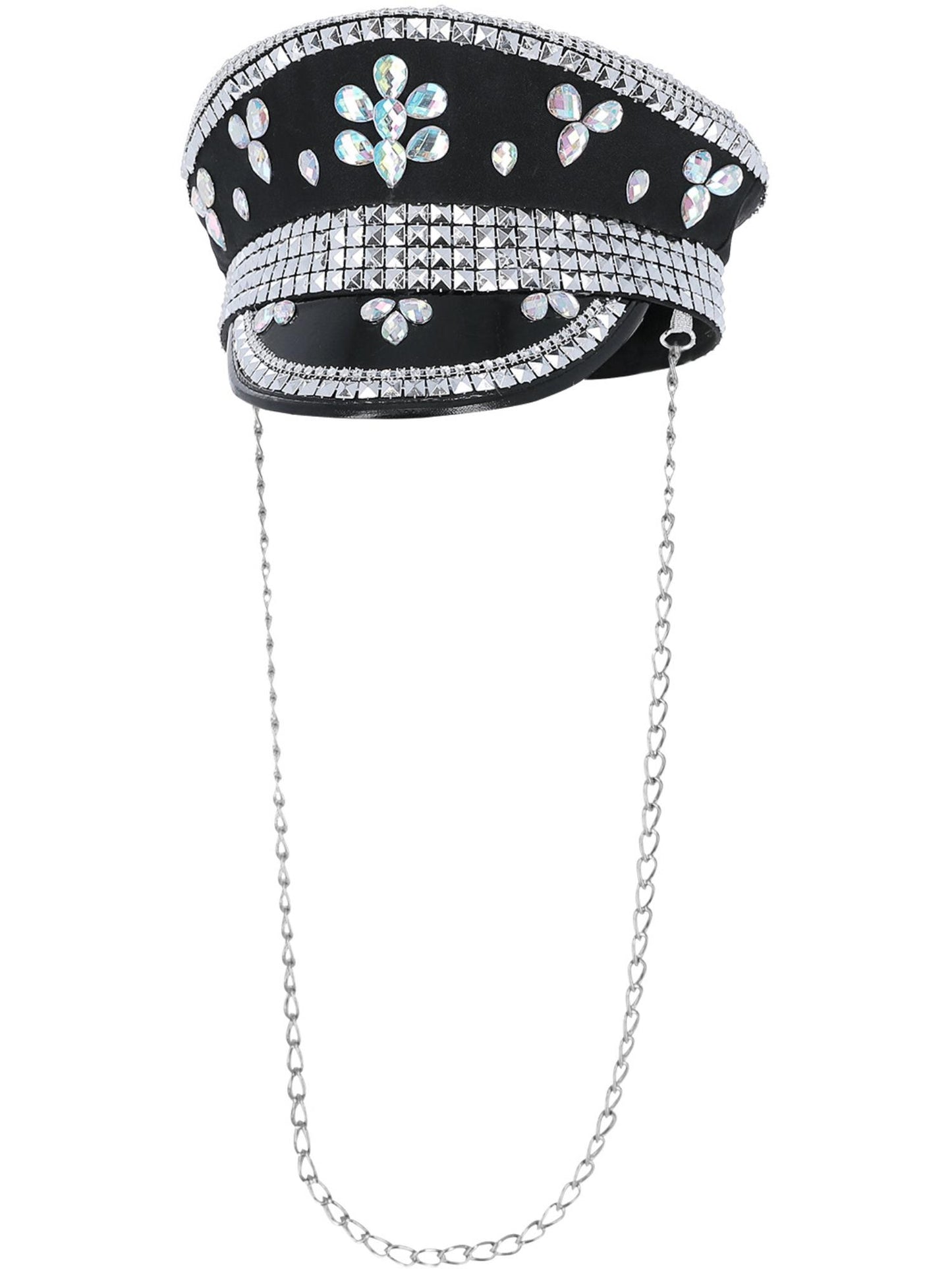 Sombrero de capitán Fever Deluxe con adornos de lentejuelas, negro, con cadena