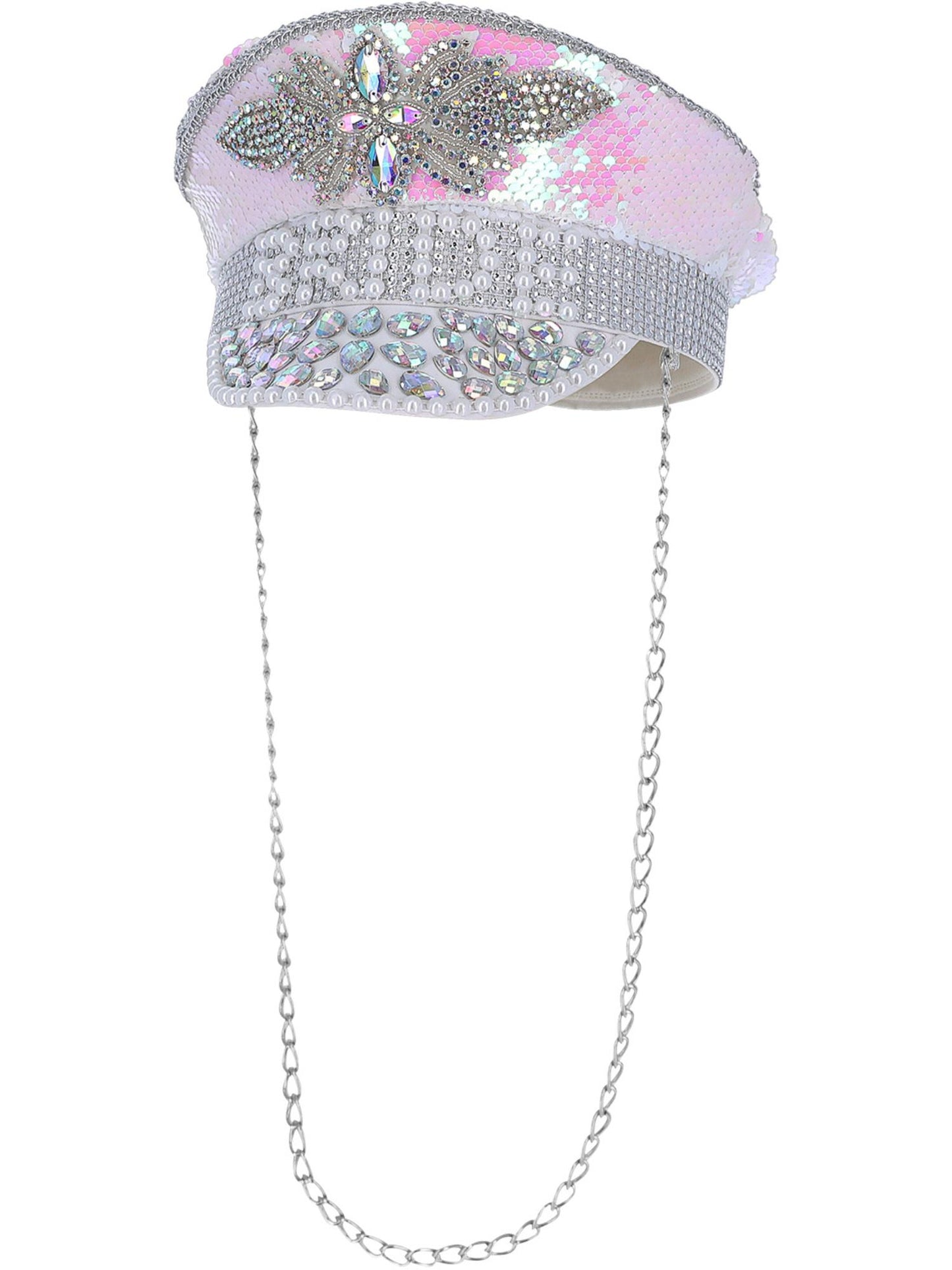 Chapeau fever de capitaine de luxe à paillettes Pearl Bride, blanc, avec chaîne