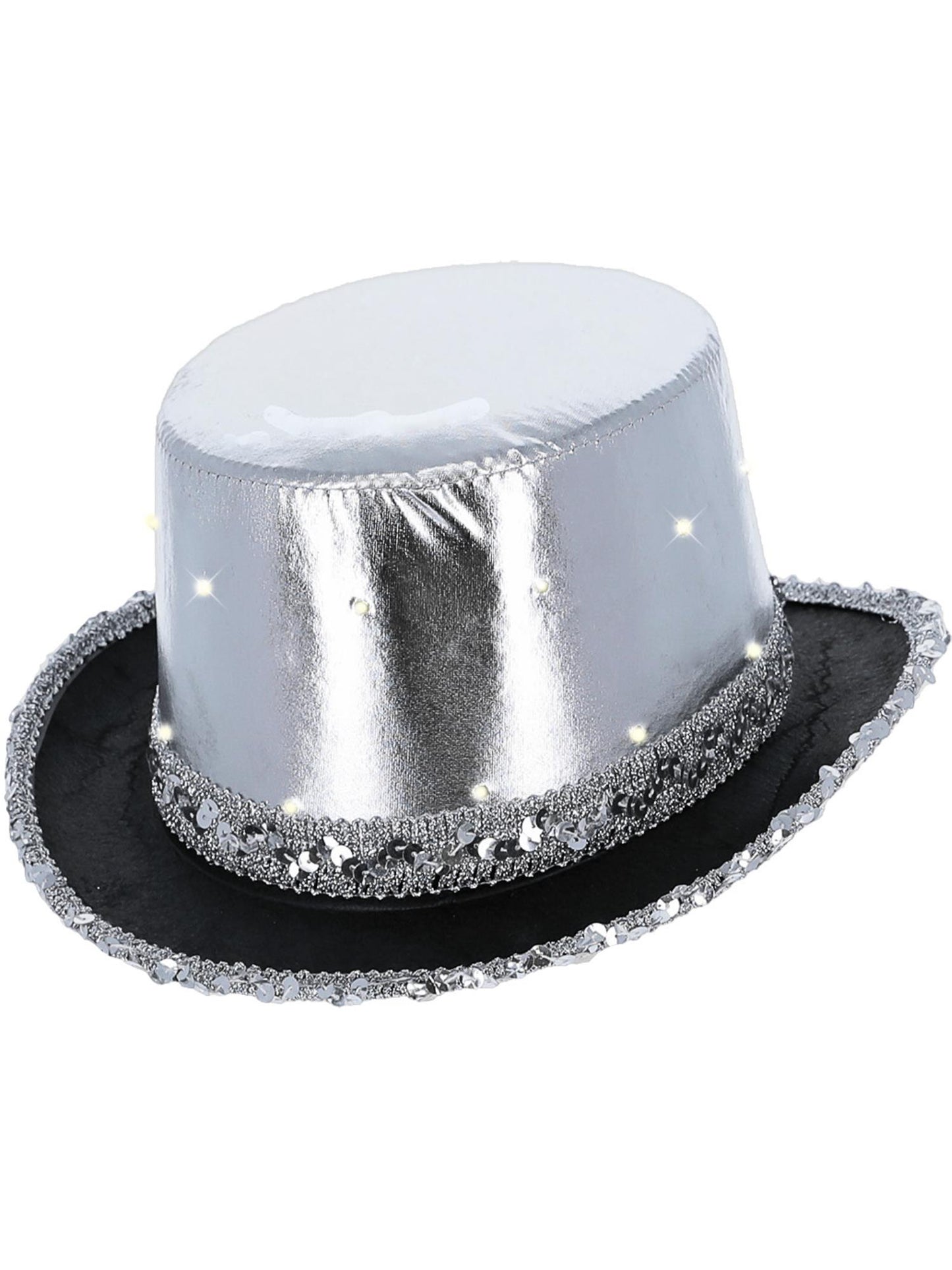 LED-beleuchteter metallischer Zylinderhut, Silber, Elastischer Innenrand und Pailletten-Rand