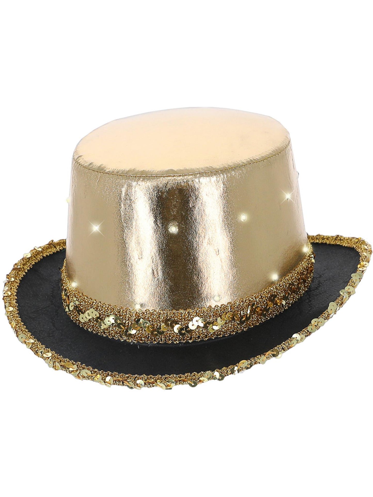 Sombrero de copa metalizado con luz LED, dorado, Borde interior elástico y ala con lentejuelas