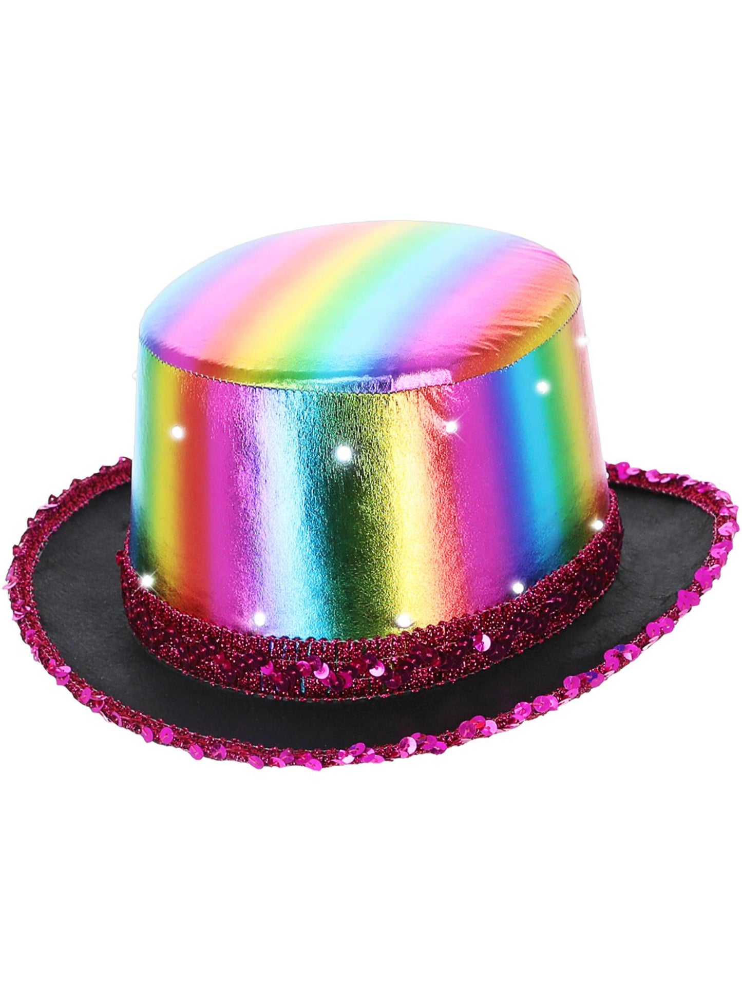 LED-beleuchteter metallischer Zylinderhut, Regenbogen, Elastischer Innenrand und Pailletten-Rand