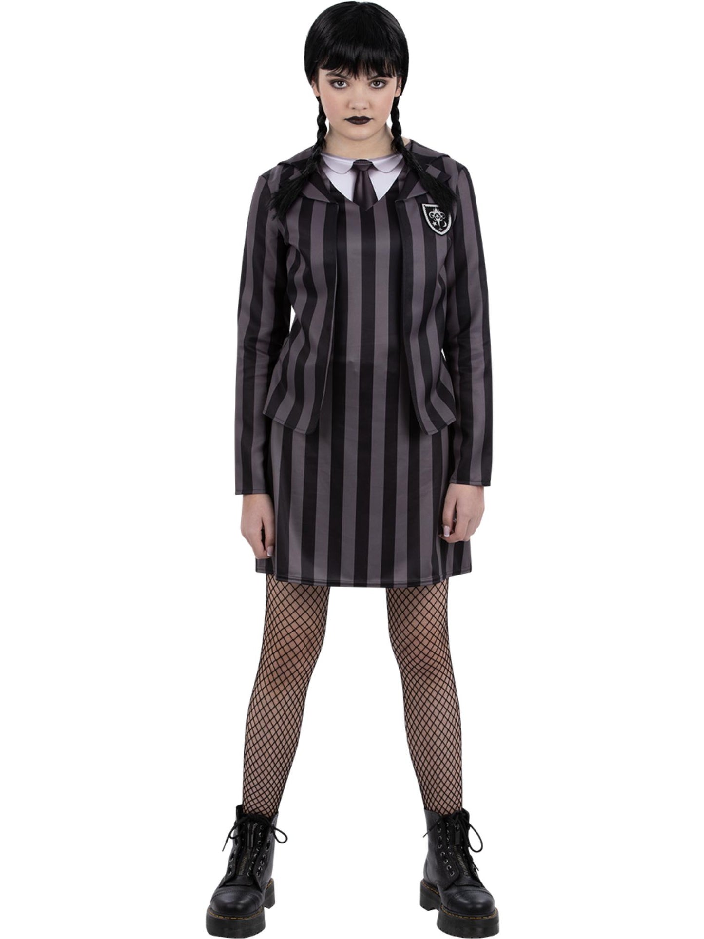 Gotische Schuluniform, schwarzer Streifen, Latzkleid mit Stehkragen, Hemd und Krawatte