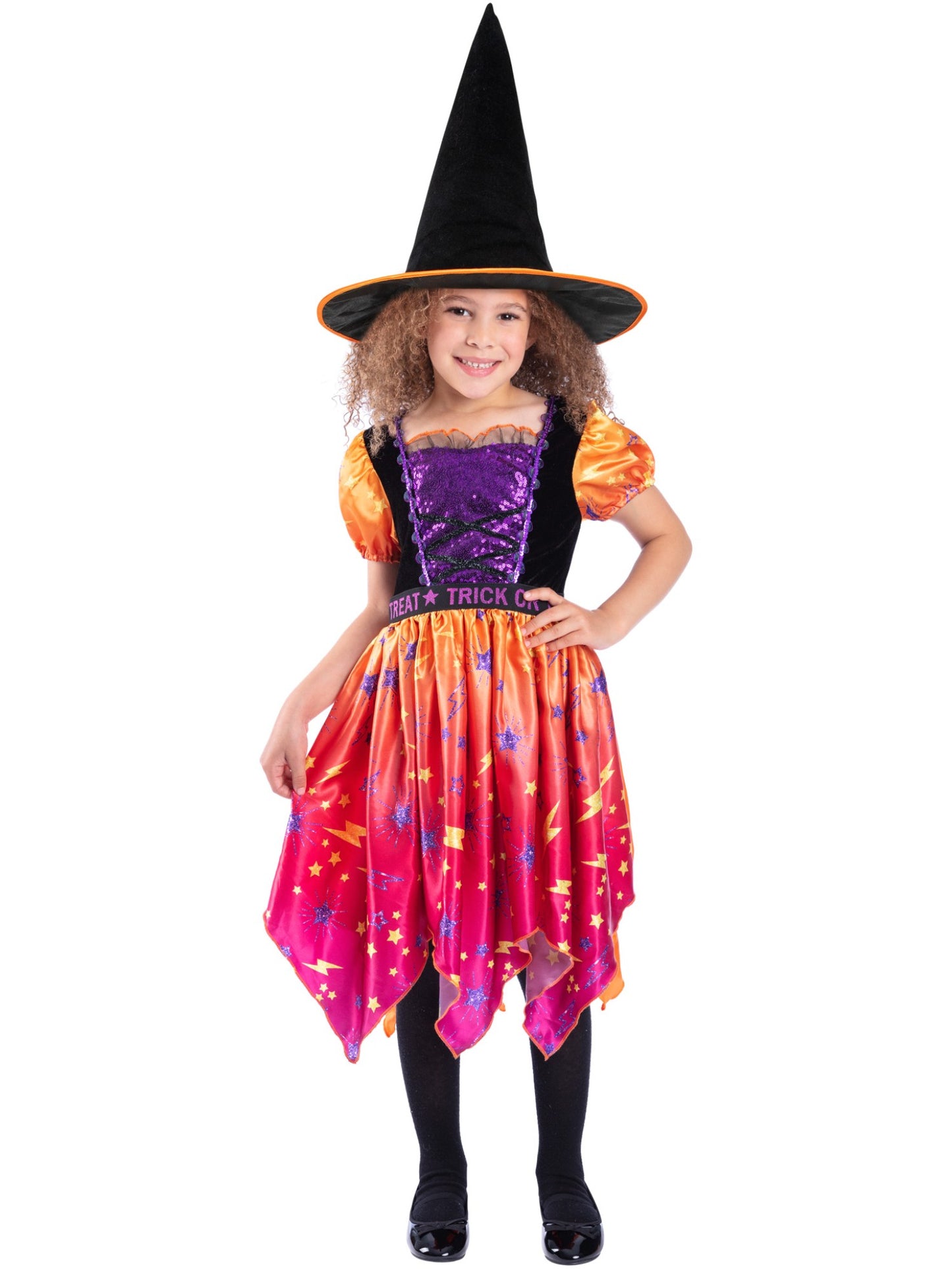 Disfraz de bruja luna y estrellas, Vestido y sombrero, naranja