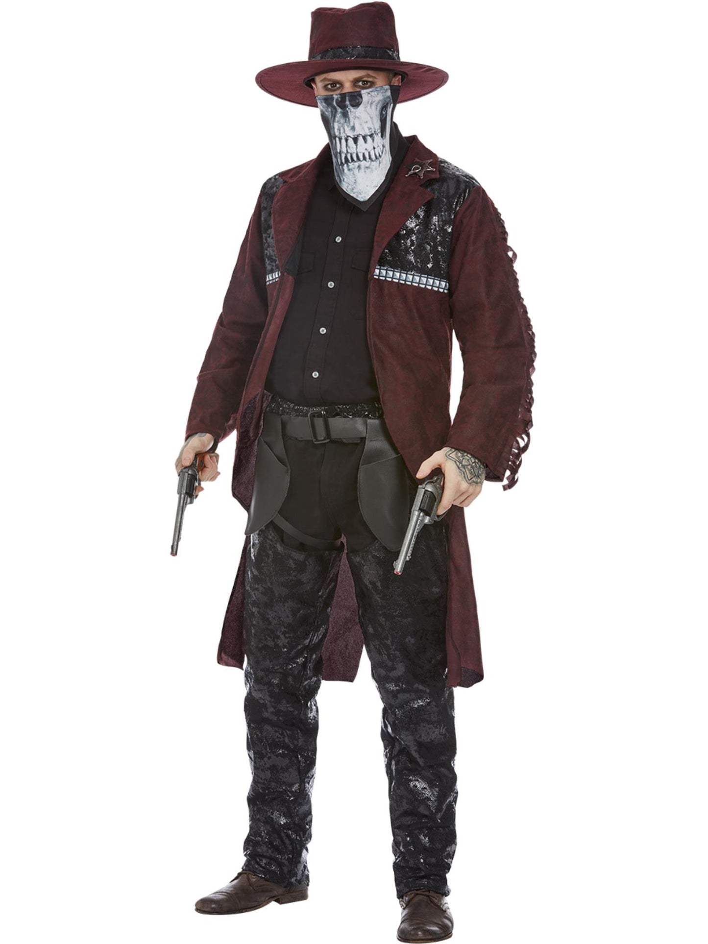 Deluxe Dark Spirit Western-Cowboy-Kostüm, Jacke, Weste, Chaps, Holster, Hut und Maske