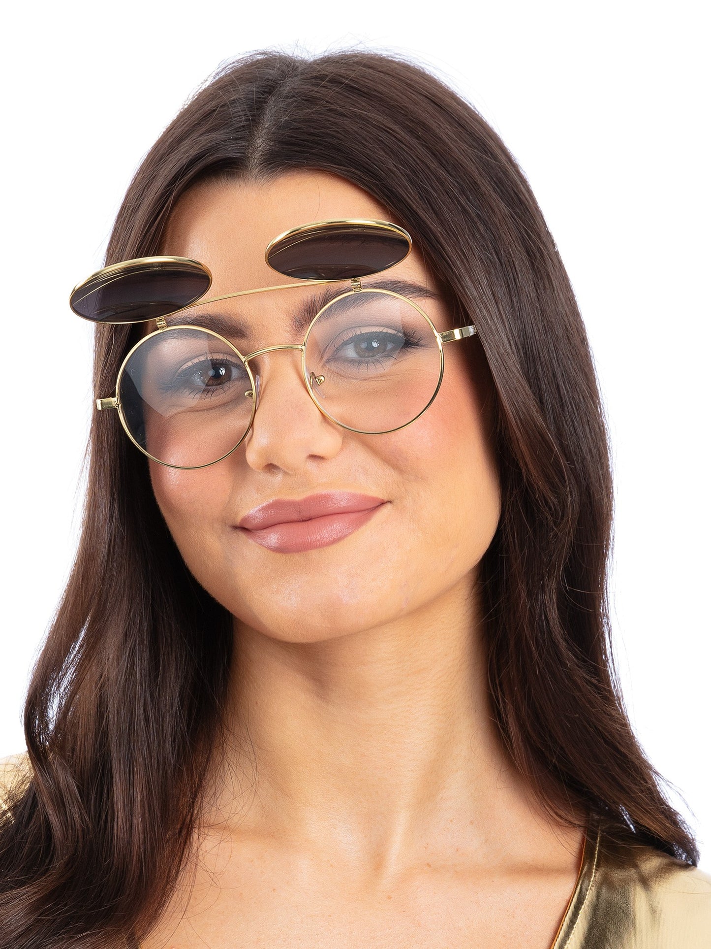 Metallic Gold Flip Up Mirrored Round Specs Wholesale