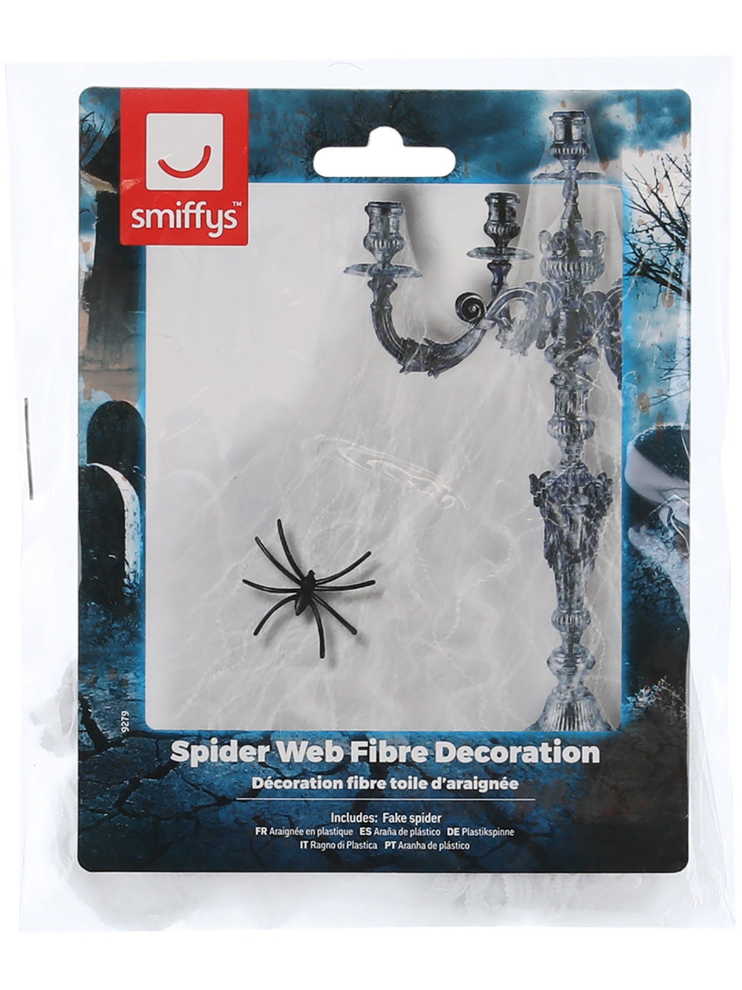 Telaraña de fibra de adorno pequeña, Blanca, con araña de plástico, 18g/0.63oz