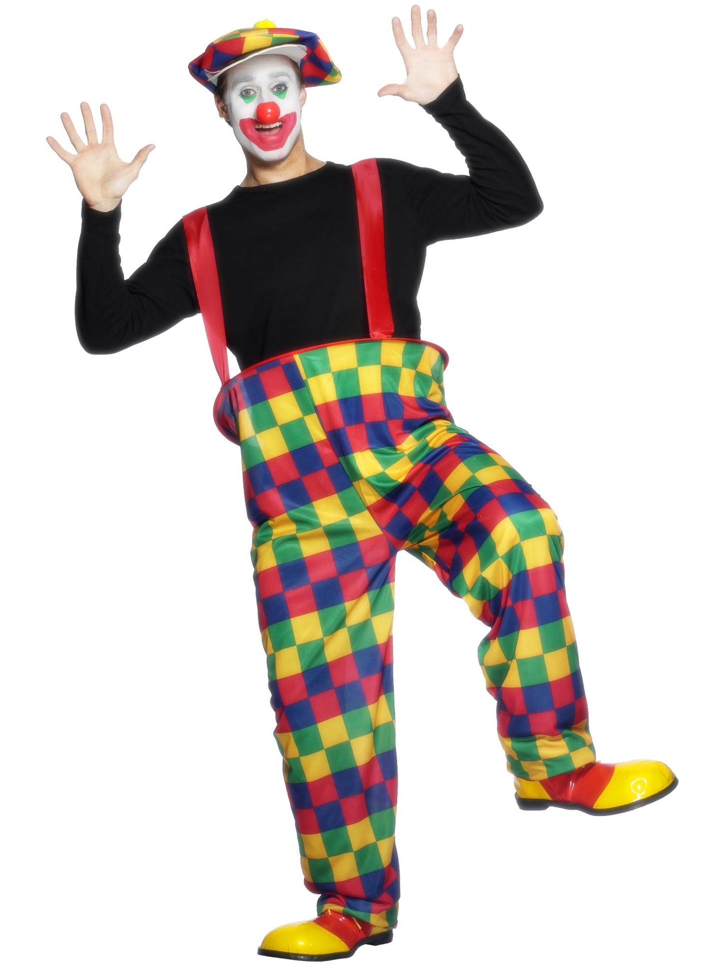 Costume de clown cerclé, multi couleurs, avec pantalon, chapeau et cravate lacet