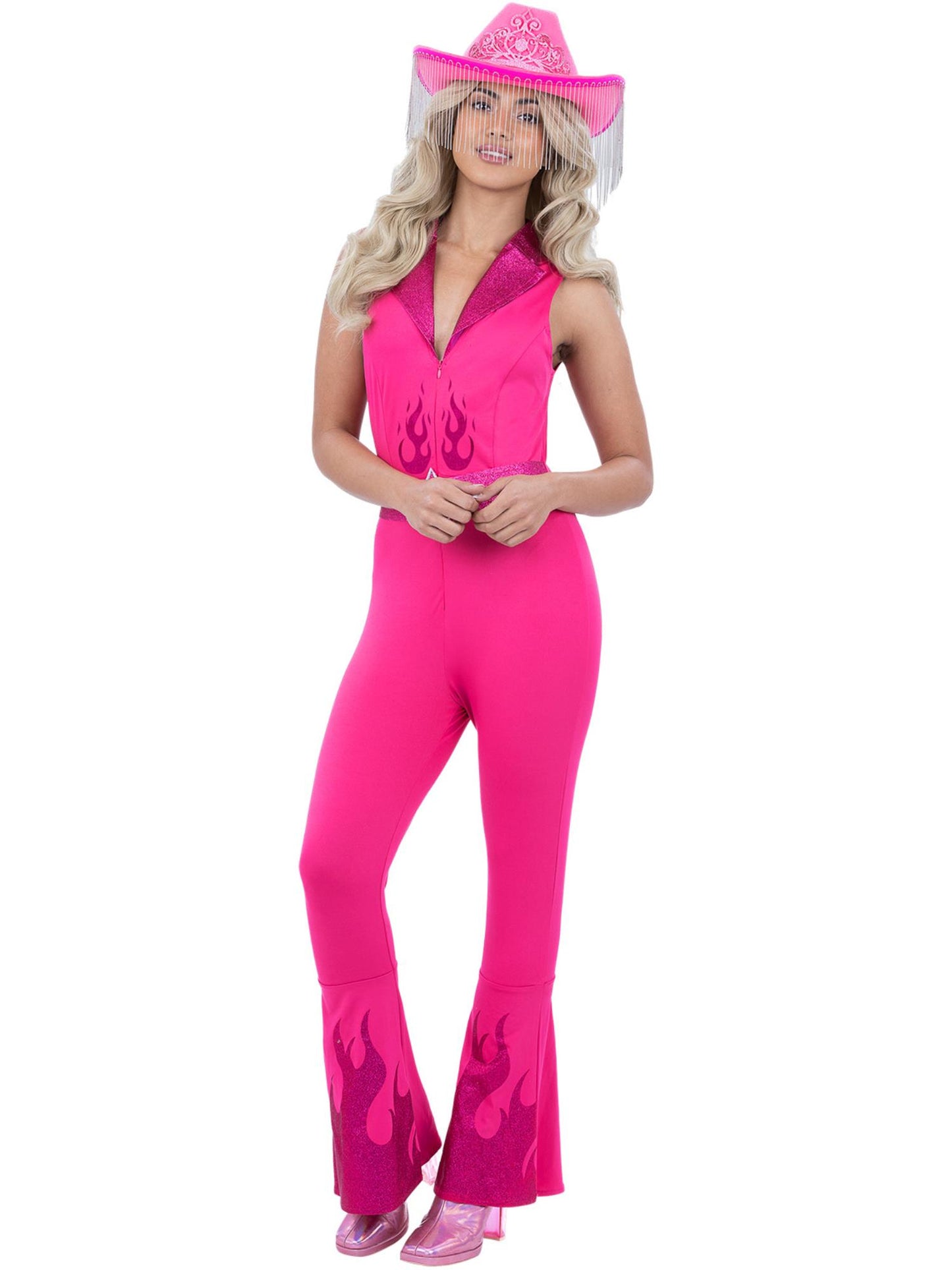 Rosa glamouröses Cowgirl-Kostüm, Overall mit befestigtem Gürtel