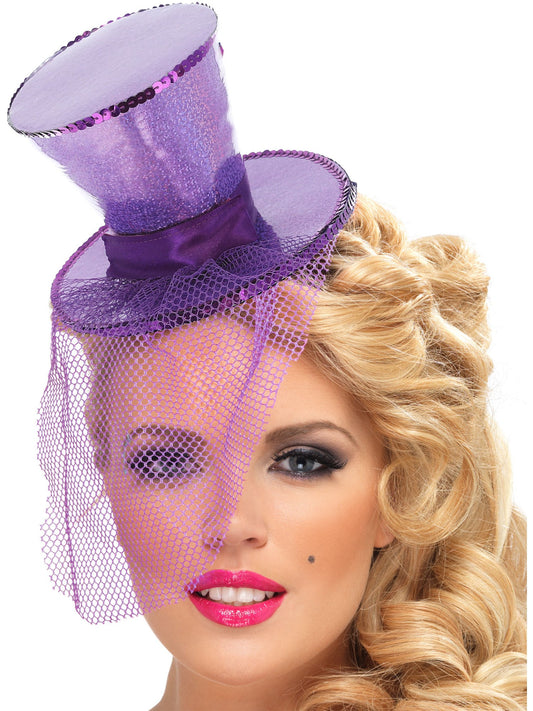 Colección Fever. Mini chistera en diadema, morada, con redecilla desmontable