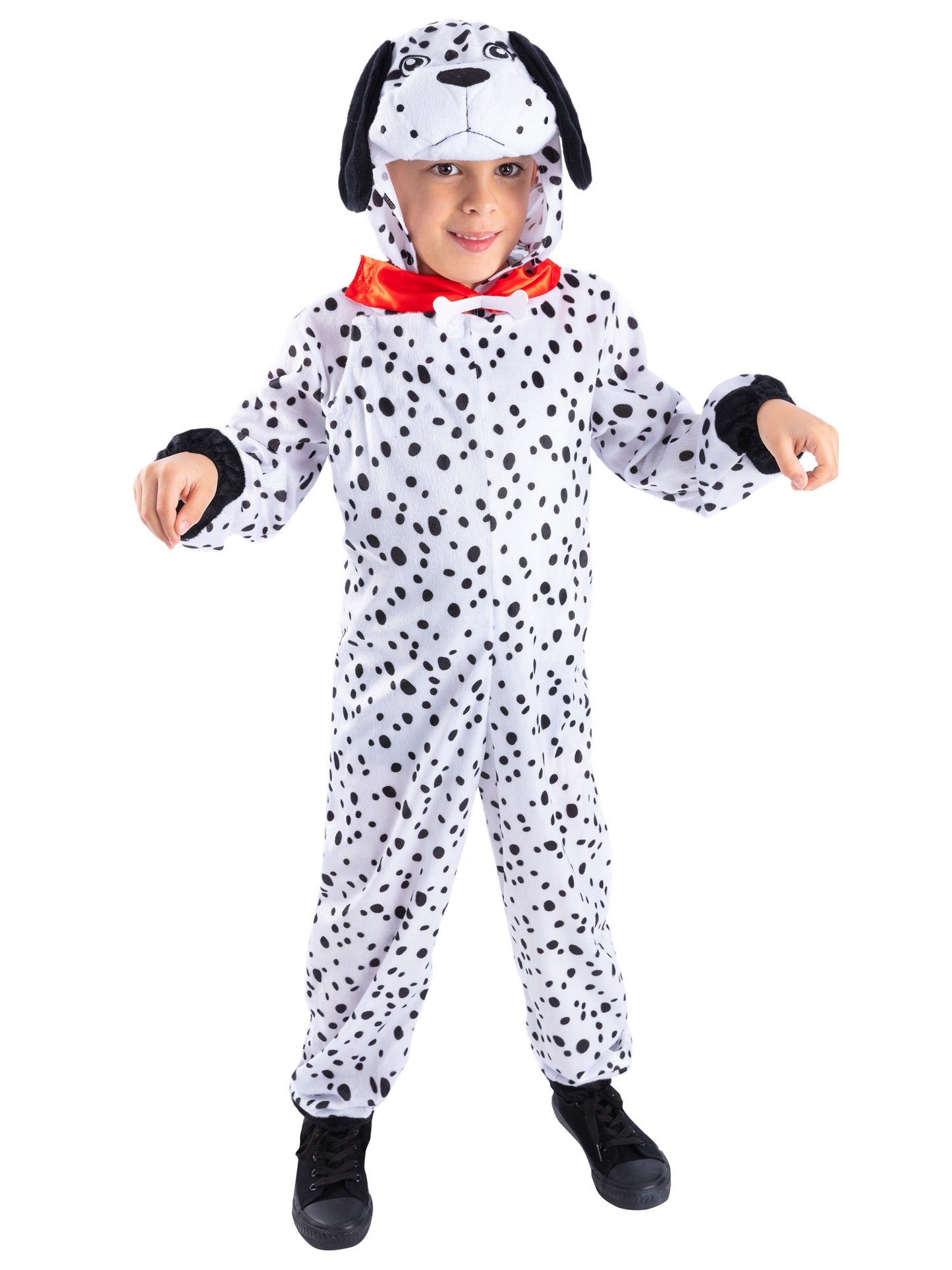 Costume dalmatien, noir et blanc, avec combinaison à capuche et queue 