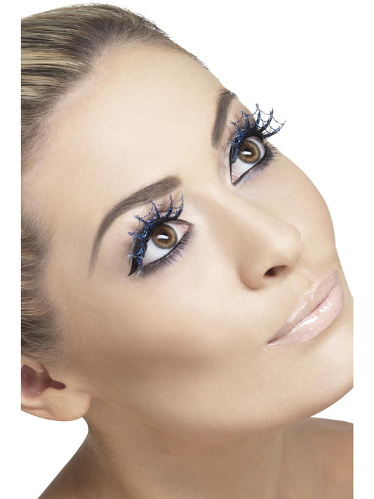 Spinnweben-Wimpern mit Glitzer, Blau, enthält Klebstoff