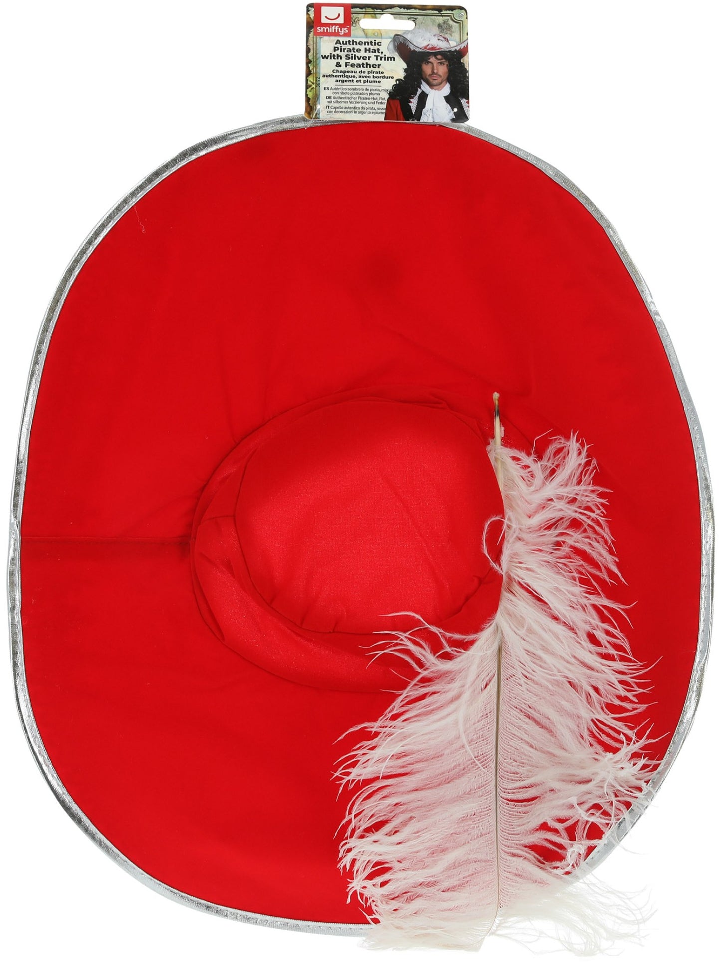 Authentischer Piraten-Hut, Rot, mit silberner Verzierung und Feder