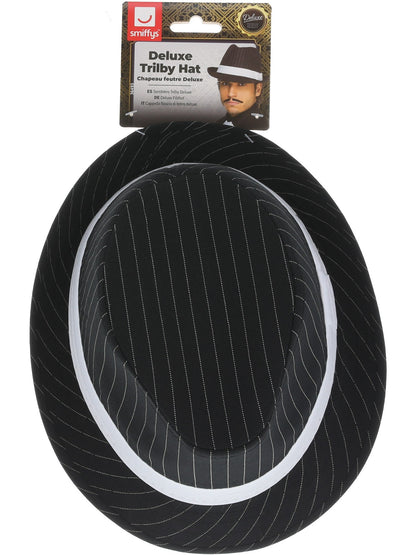 Deluxe Filzhut, Schwarz, Weißer Nadelstreifen und weißes Band 