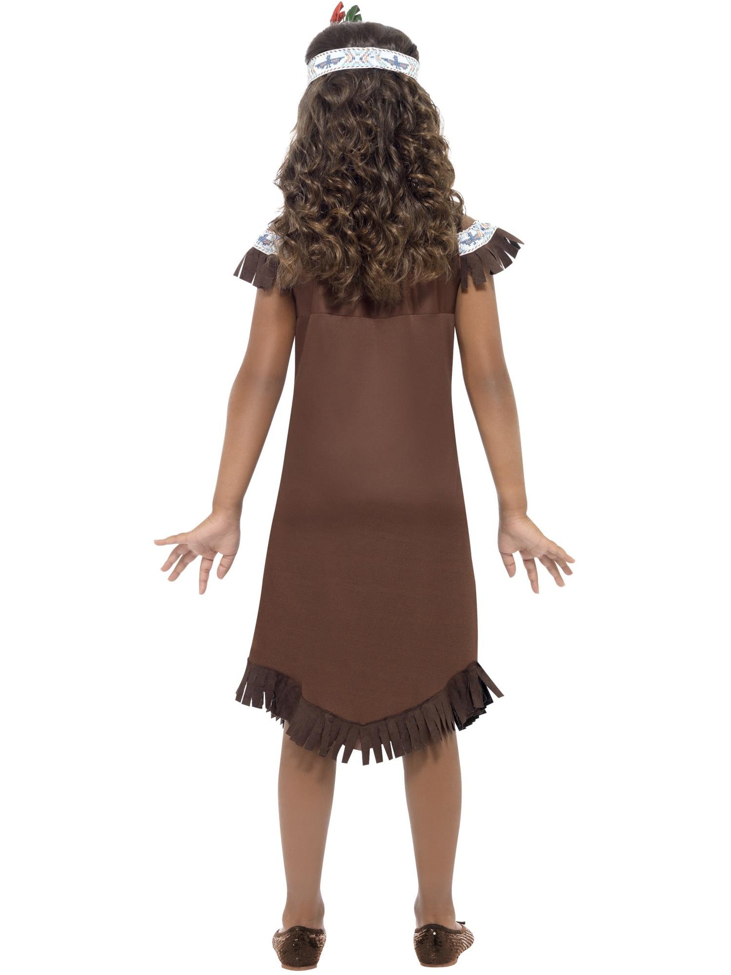 Disfraz de niña inspirado por las americanas nativas, marrón, vestido con flecos y cinta para la cabeza con plumas