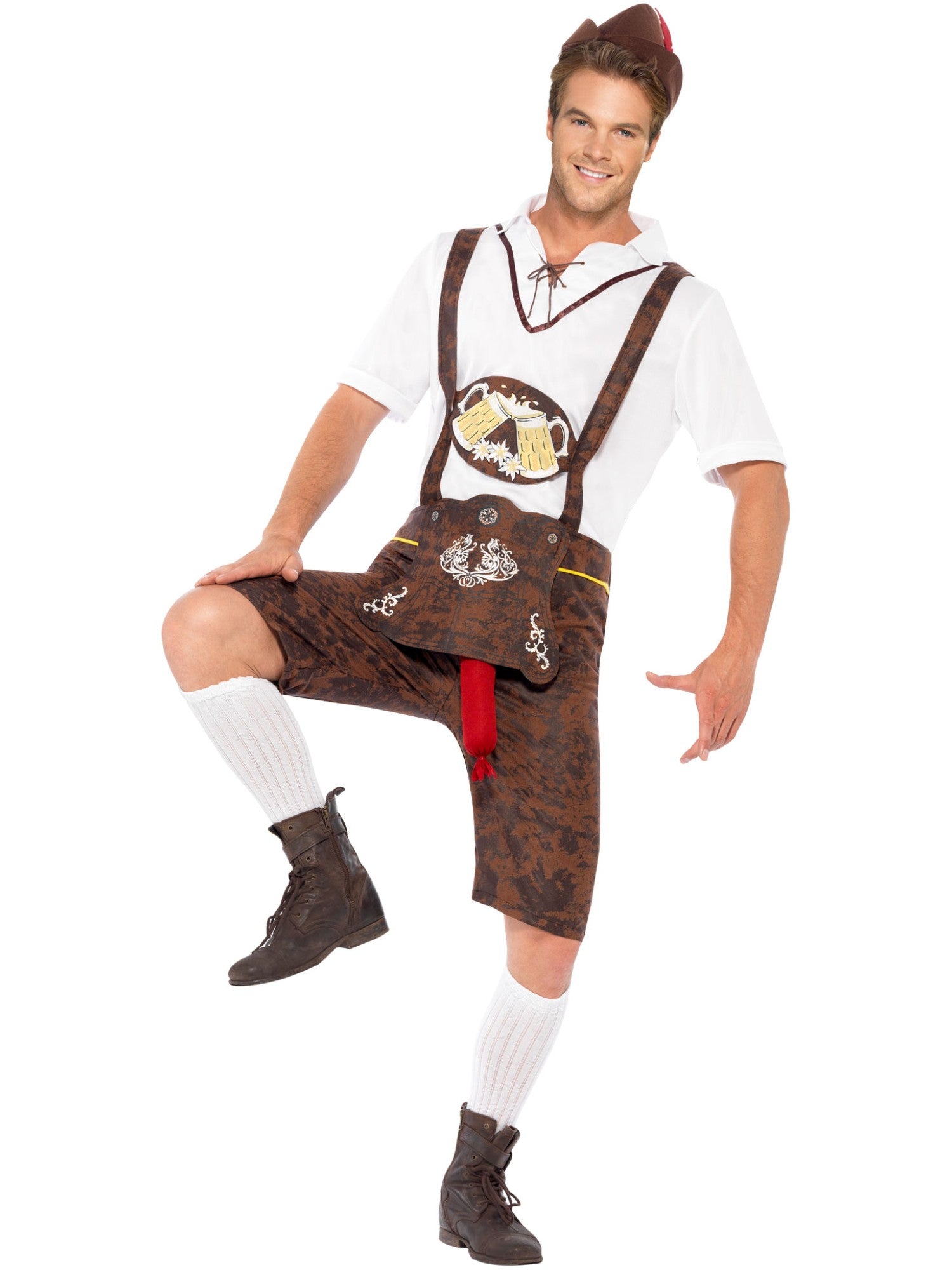 Bratwurst Kostüm, mit Lederhosen, Hemd und Hut