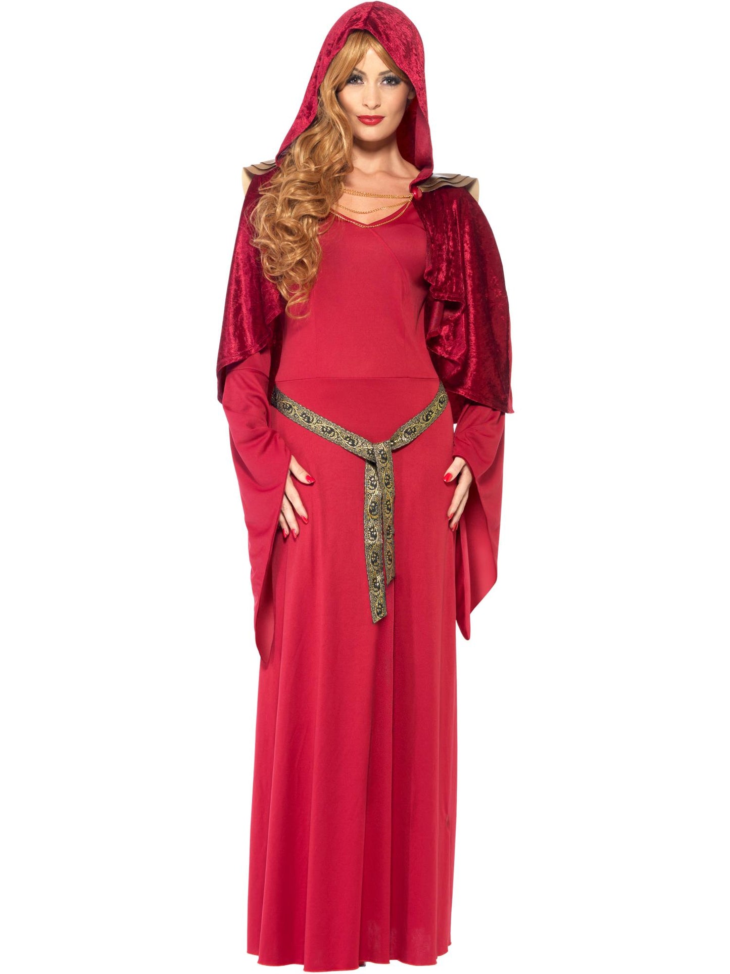 Costume de Grande Prêtresse, Rouge, avec Robe, Ceinture et Cape à Capuche