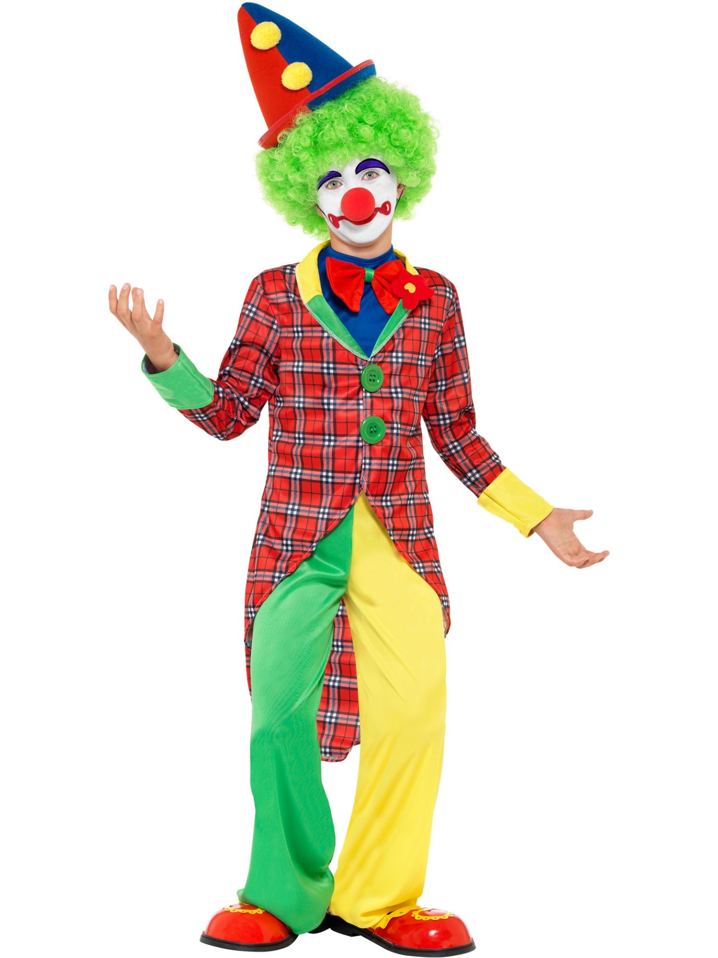 Clown Kostüm, Rot und Grün, mit Jacke, Hose und Mock Hemd mit Fliege