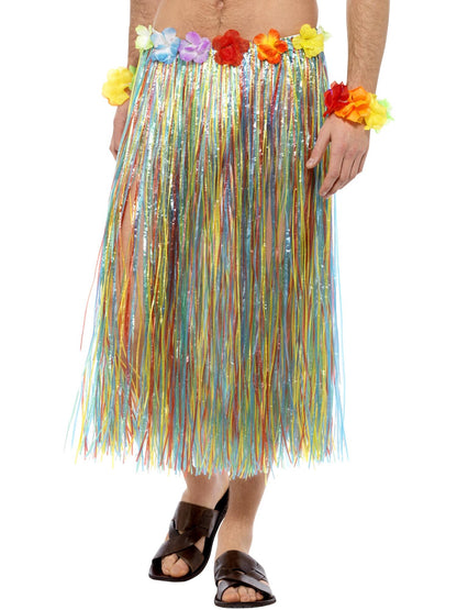 Hawaiischer Bastrock mit Blumen, Mehrfarbig, mit Klettverschluss & anpassbarem Bund