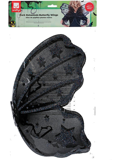 Dunkle Botanik-Schmetterlingsflügel, 42cm/17in, Schwarz, mit Glitter