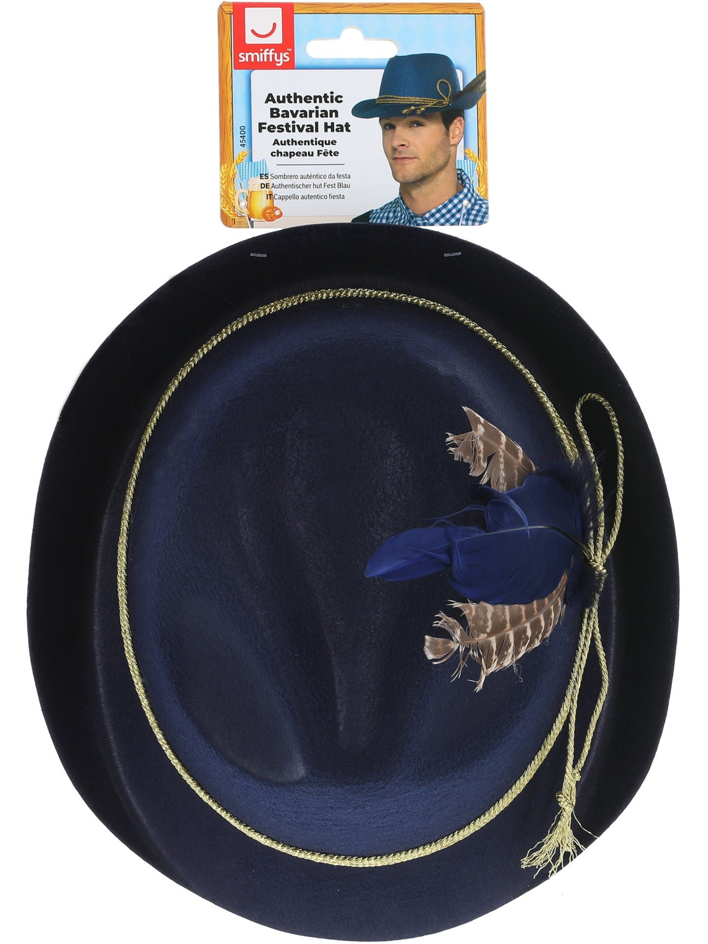 Authentique chapeau Fête, Bleu, avec plume