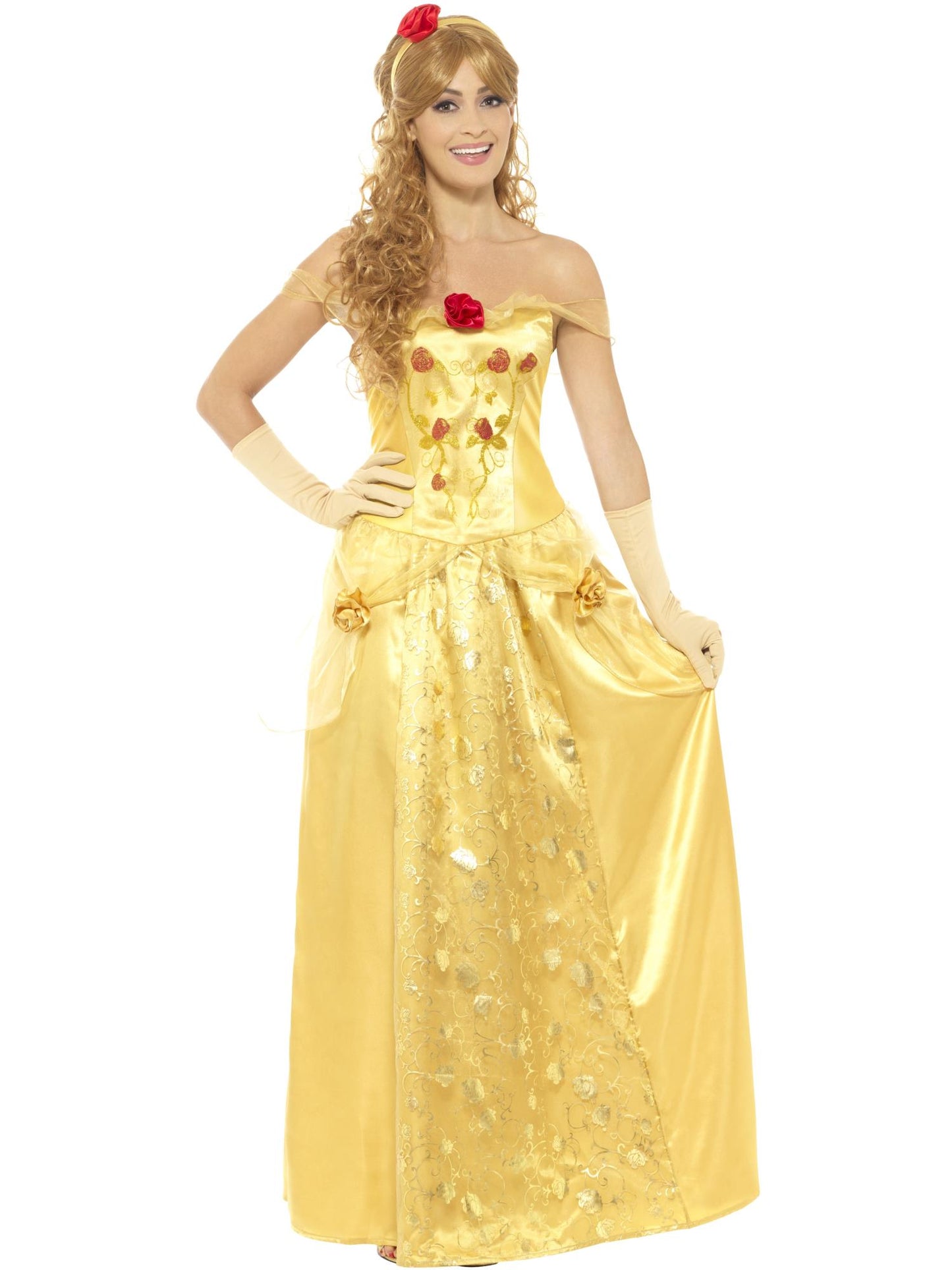 Disfraz de princesa de oro, dorado, con vestido largo, guantes y diadema