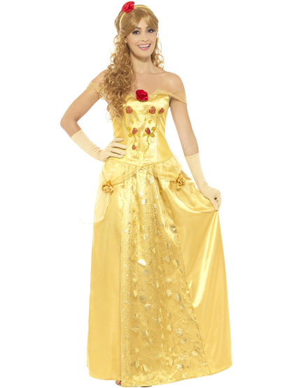 Disfraz de princesa de oro, dorado, con vestido largo, guantes y diadema