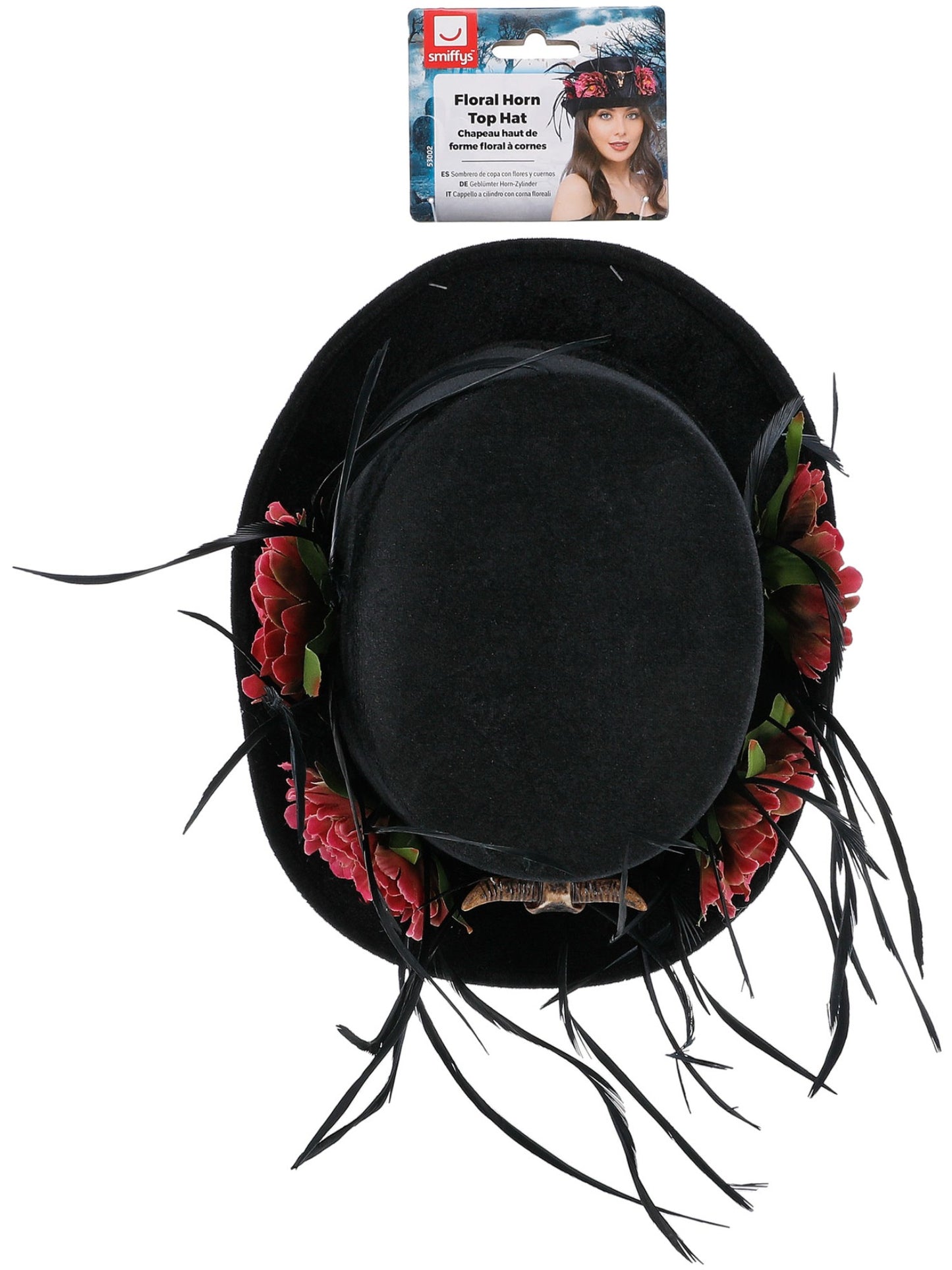 Sombrero de copa con flores y cuernos, negro y rosa, con peonias y plumas
