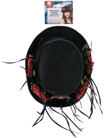 Sombrero de copa con flores y cuernos, negro y rosa, con peonias y plumas