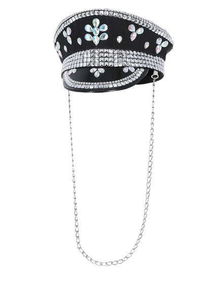 Sombrero de capitán Fever Deluxe con adornos de lentejuelas, negro, con cadena