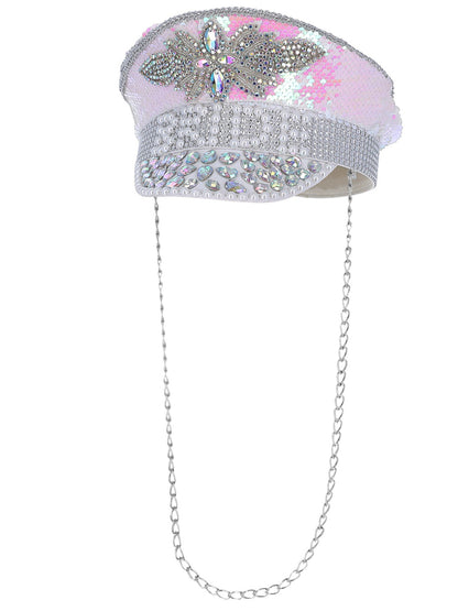 Sombrero de capitán Fever Deluxe con adornos de perlas, blanco, con cadena