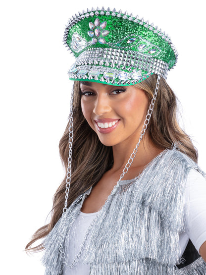 Sombrero de capitán Fever Deluxe con adornos de lentejuelas, verde, con cadena