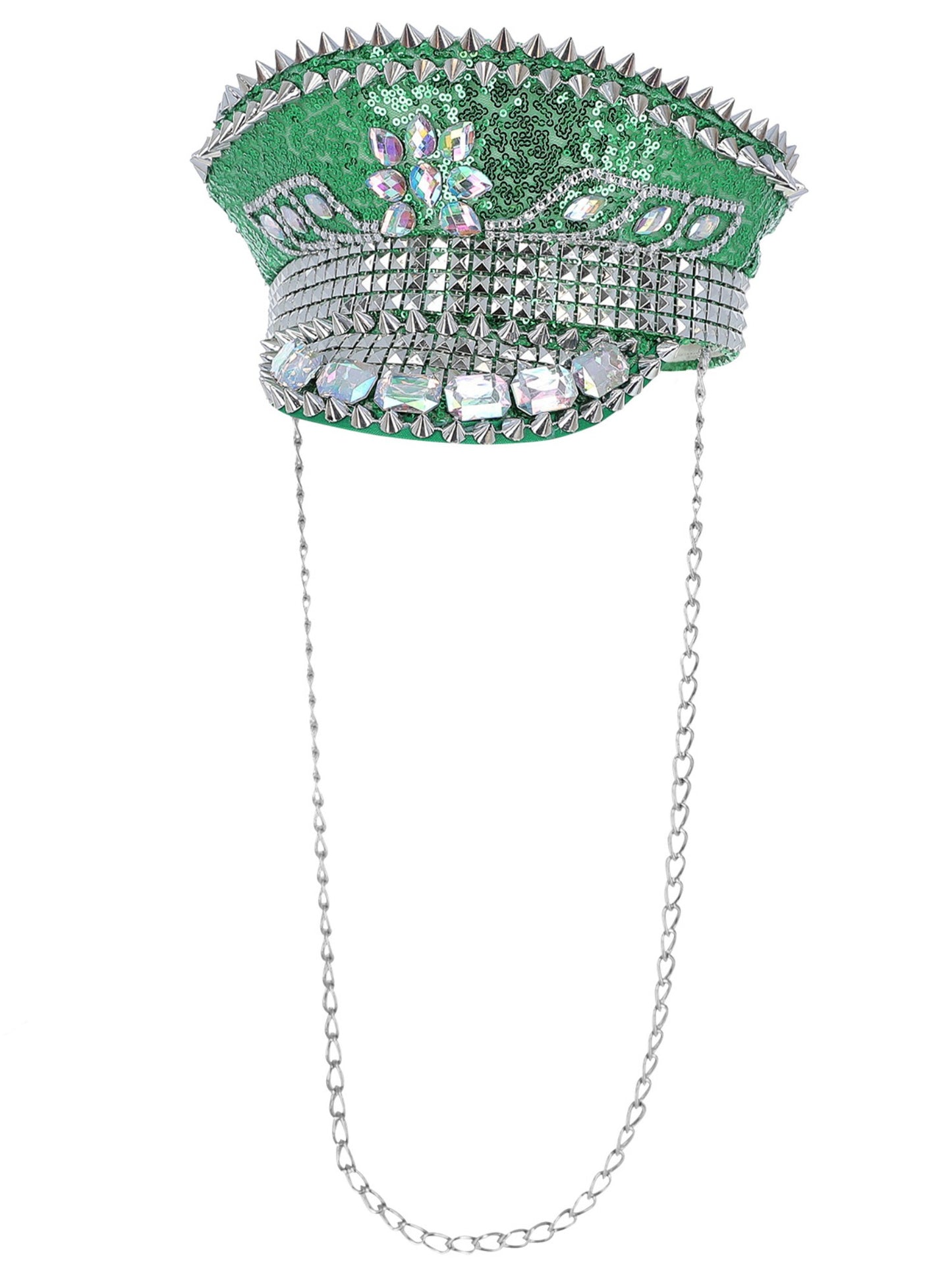 Sombrero de capitán Fever Deluxe con adornos de lentejuelas, verde, con cadena