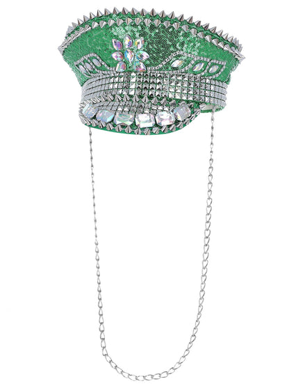 Sombrero de capitán Fever Deluxe con adornos de lentejuelas, verde, con cadena