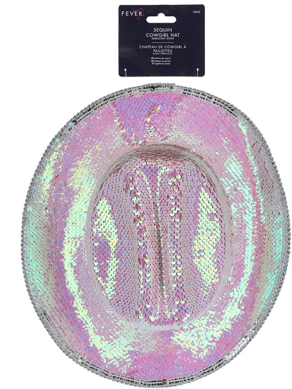 Sombrero de vaquera Fever Deluxe con lentejuelas, blanco iridiscente