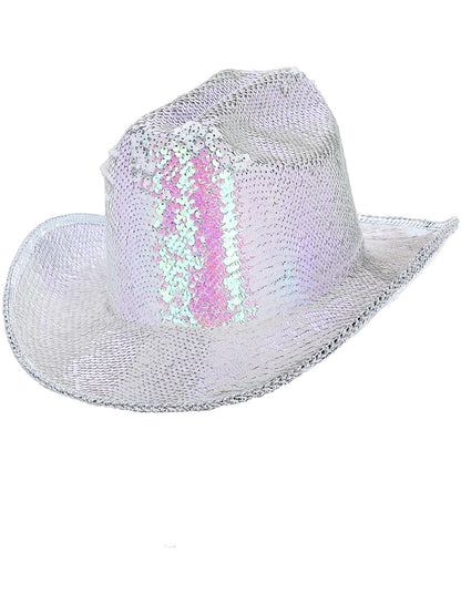 Sombrero de vaquera Fever Deluxe con lentejuelas, blanco iridiscente